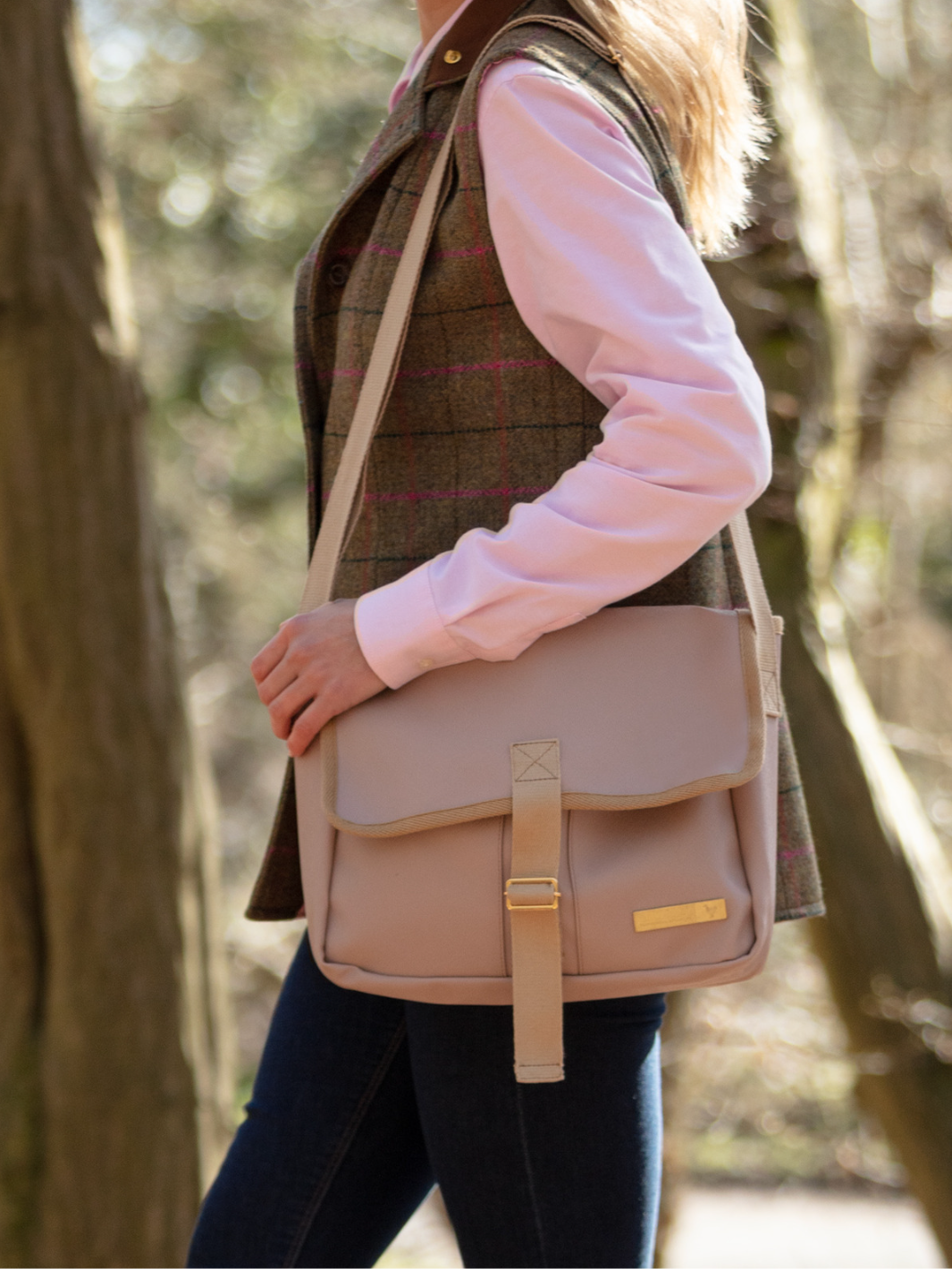 Pink PVC Vegan Leather Cartridge Satchel Bag with Cream Strap and Buckle