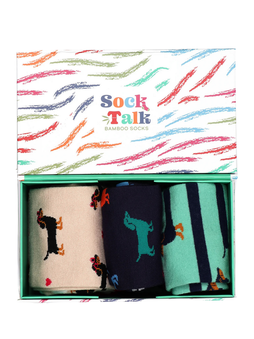 Sausage Dog Sock Gift Box | Bamboo ankle socks with colourful sausage dog and anchor prints gift set