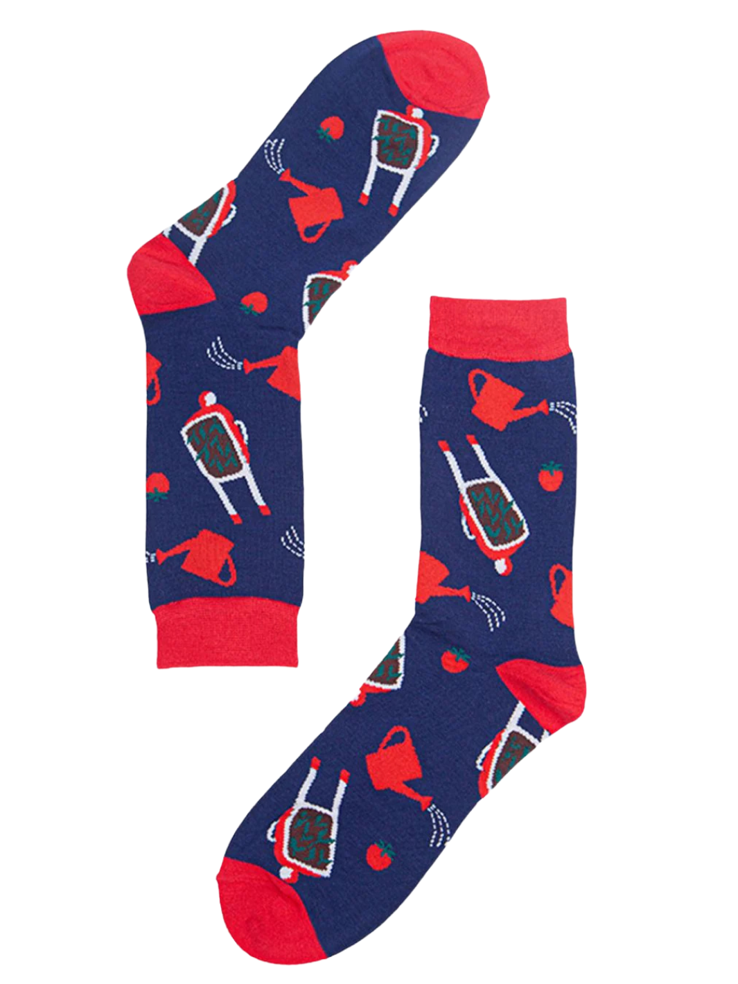 Gardening Bamboo Socks | Red and navy socks with watering can. and wheelbarrow design.