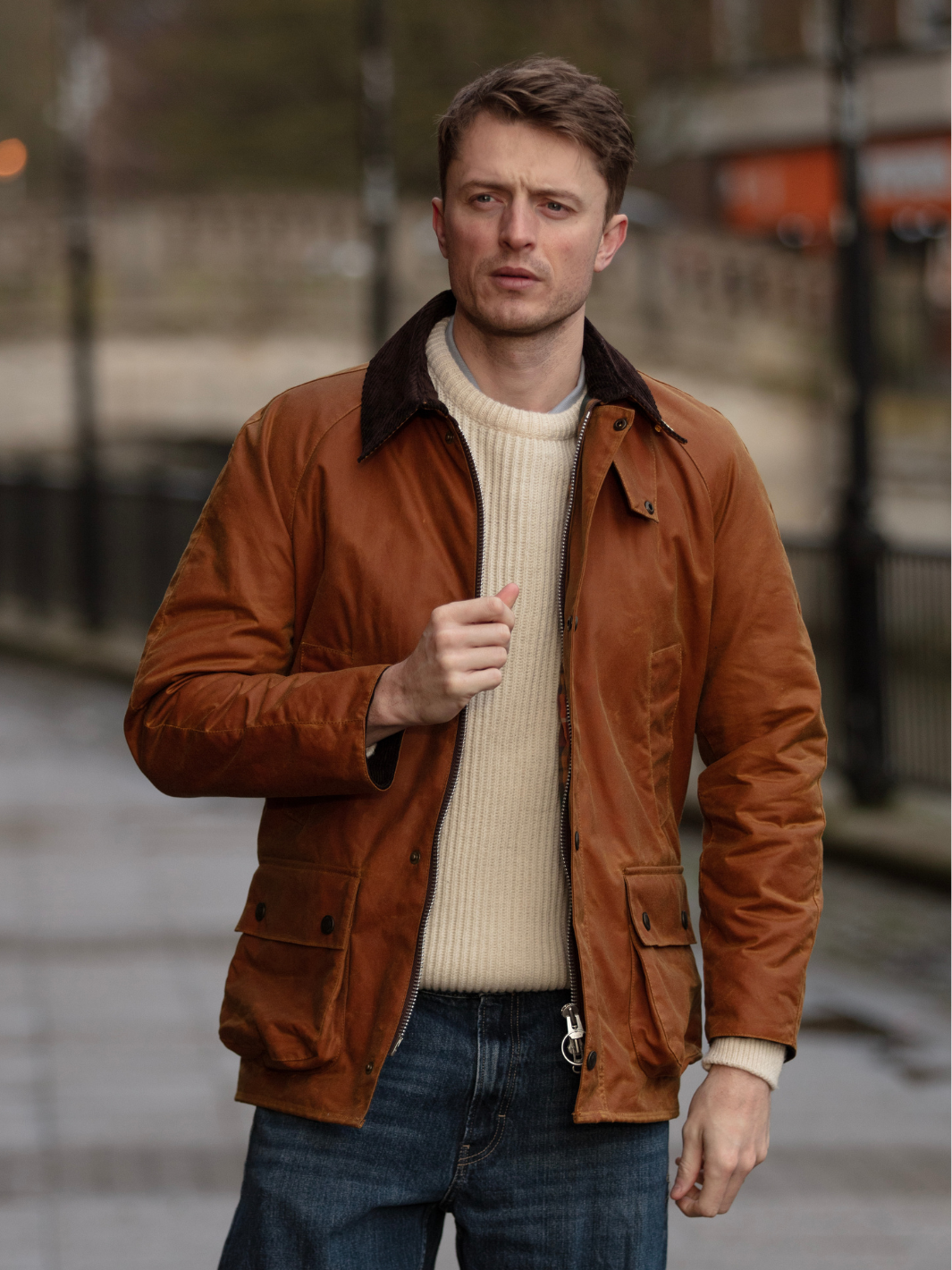 Landowner Bold Wax Walking Jacket - Burnt Sand | Men’s burnt sand wax jacket with heritage check lining, storm flap and silver-tone zip