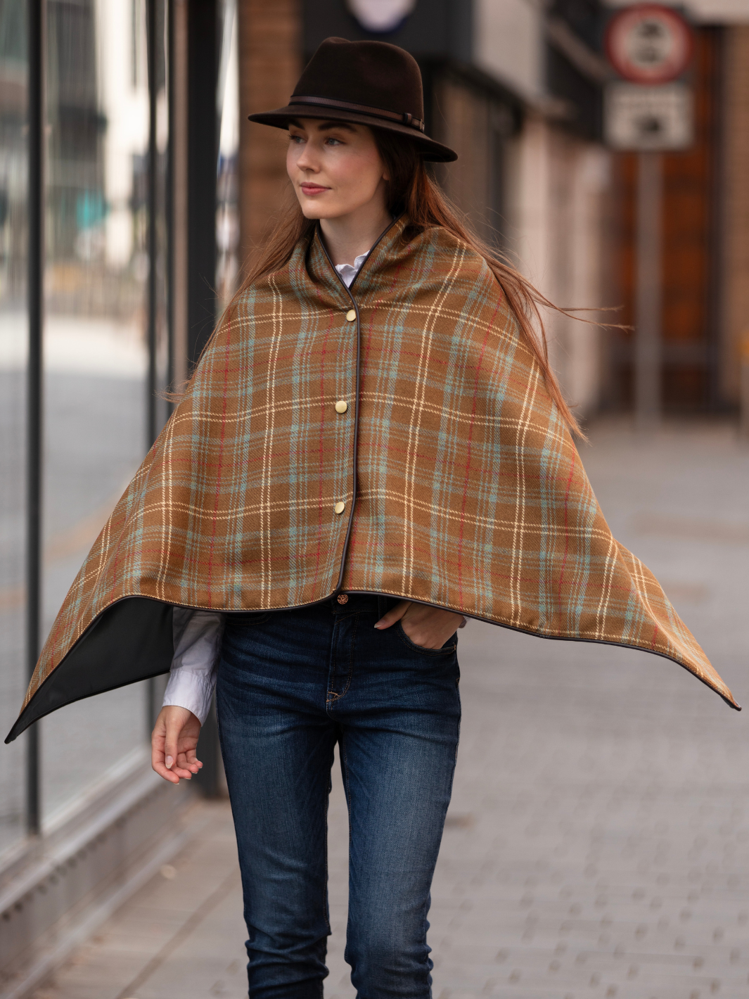 Brown, blue and cream tartan tweed shawl with black satin lining, gold studs, and faux leather trim, handcrafted in the UK by John Partridge