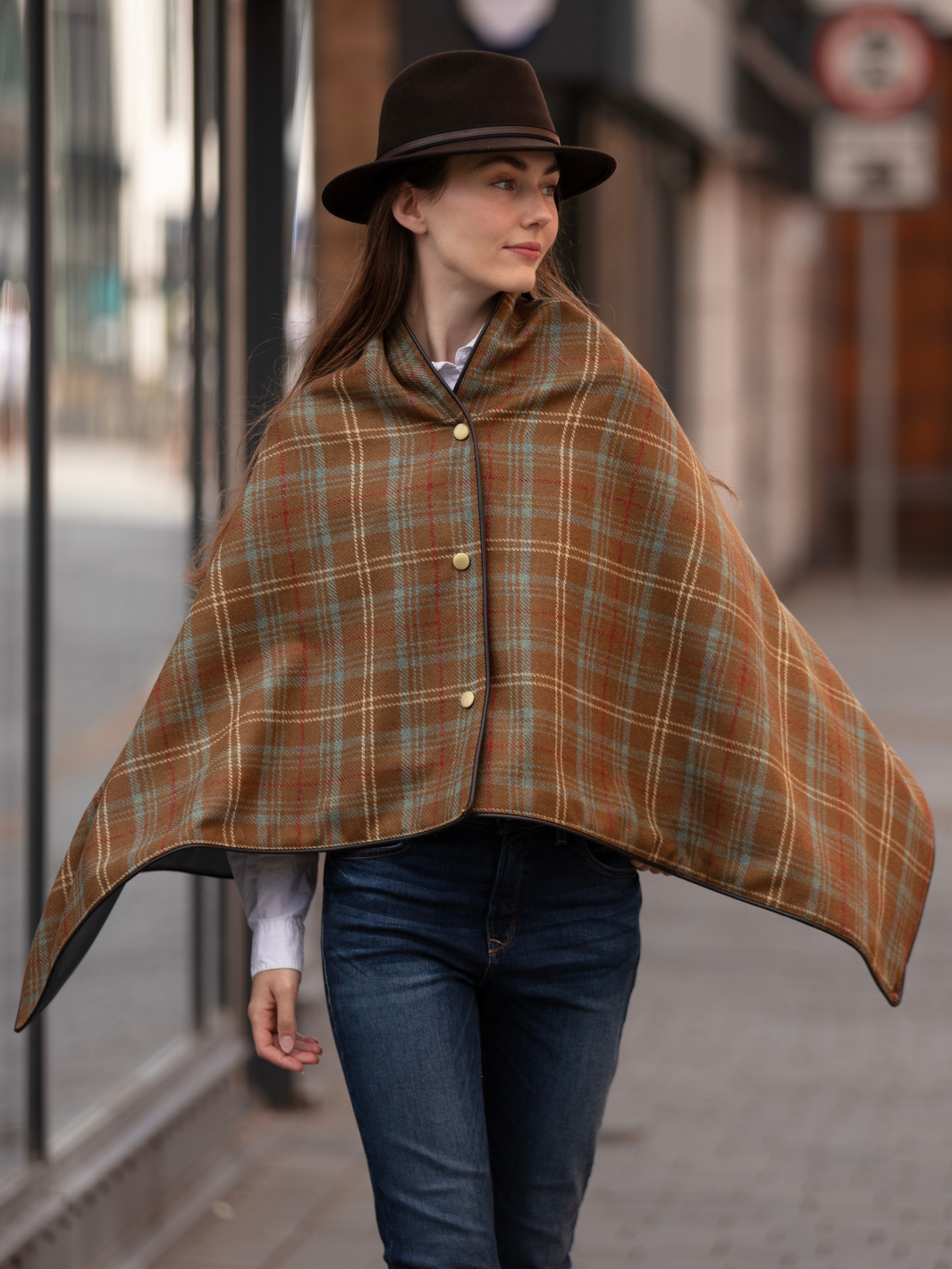 Brown, blue and cream tartan tweed shawl with black satin lining, gold studs, and faux leather trim, handcrafted in the UK by John Partridge