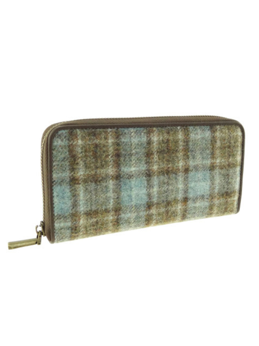 Women’s Tweed Purse | Light blue and brown check tweed zip-around wallet with brown trim and metal zip pull