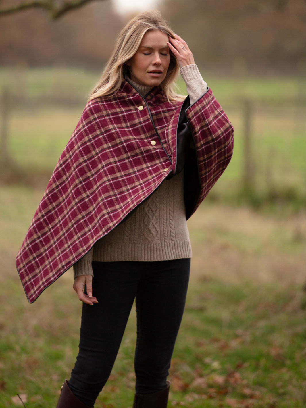 Made in England Tweed Shawl in Heavy Burgundy Check Wool with Chocolate Brown Satin Lining – Finished with Dark Brown Leather-Look Binding and Gold John Partridge Studs – Classic British Wrap for Women