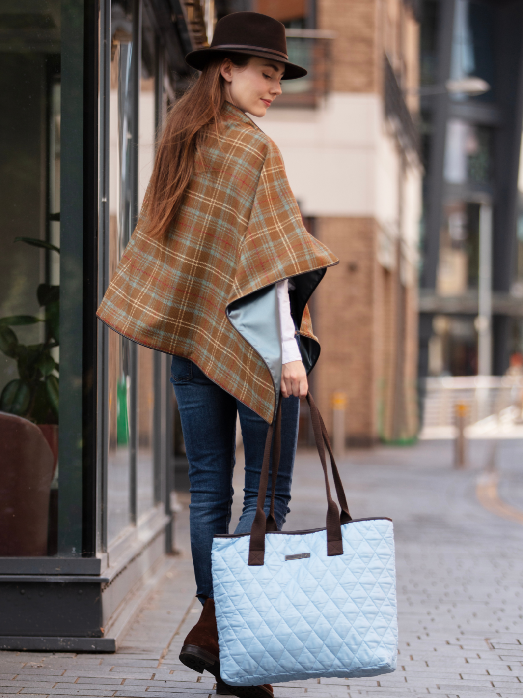 John Partridge & Co. Oversized Tote Bag in baby blue with herringbone straps, leather-look binding, antique brass plate, and spacious interior, expertly crafted in England.