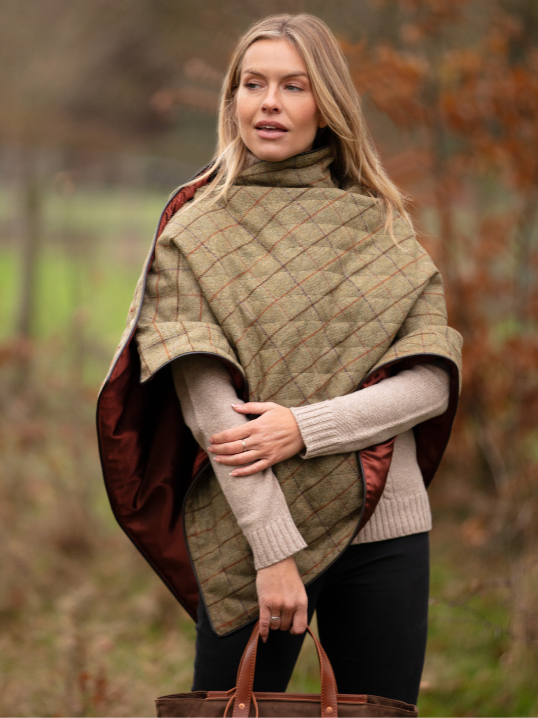 Made in England Quilted Tweed Shawl | Green and brown check wool wrap with rust satin lining, dark brown binding and gold stud fasteningsWomen