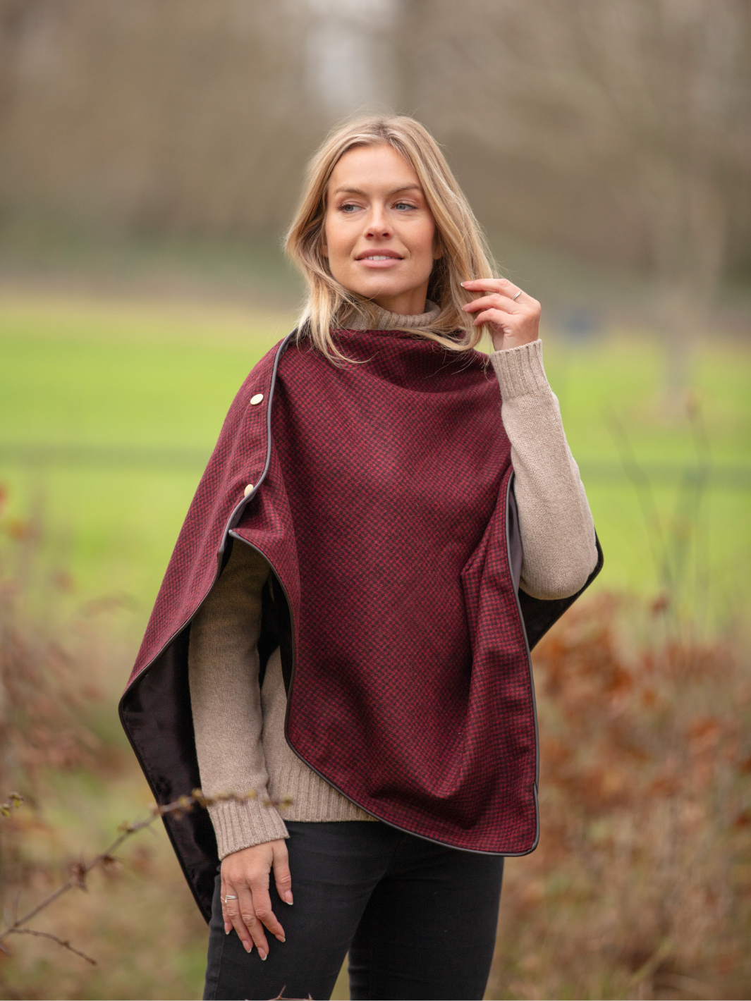 Made in England Tweed Shawl in Lightweight Red and Black Houndstooth Wool with Chocolate Satin Lining – Finished with Dark Brown Leather-Look Binding and Gold John Partridge Stud Fastenings – Elegant British Wrap for Women