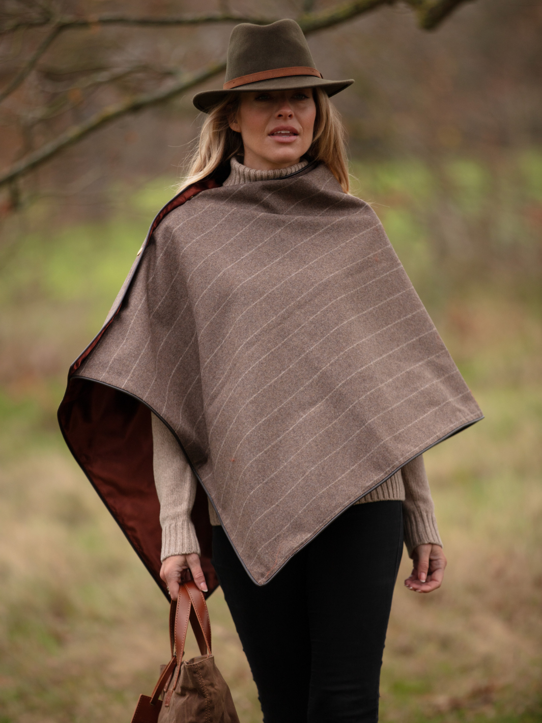 Made in England Tweed Shawl in Mouseback Grey 100% Wool with Subtle Stripe Detail and Rich Rust Satin Lining – Finished with Dark Brown Leather-Look Binding and Gold John Partridge Stud Fastenings – Classic British Wrap for Women