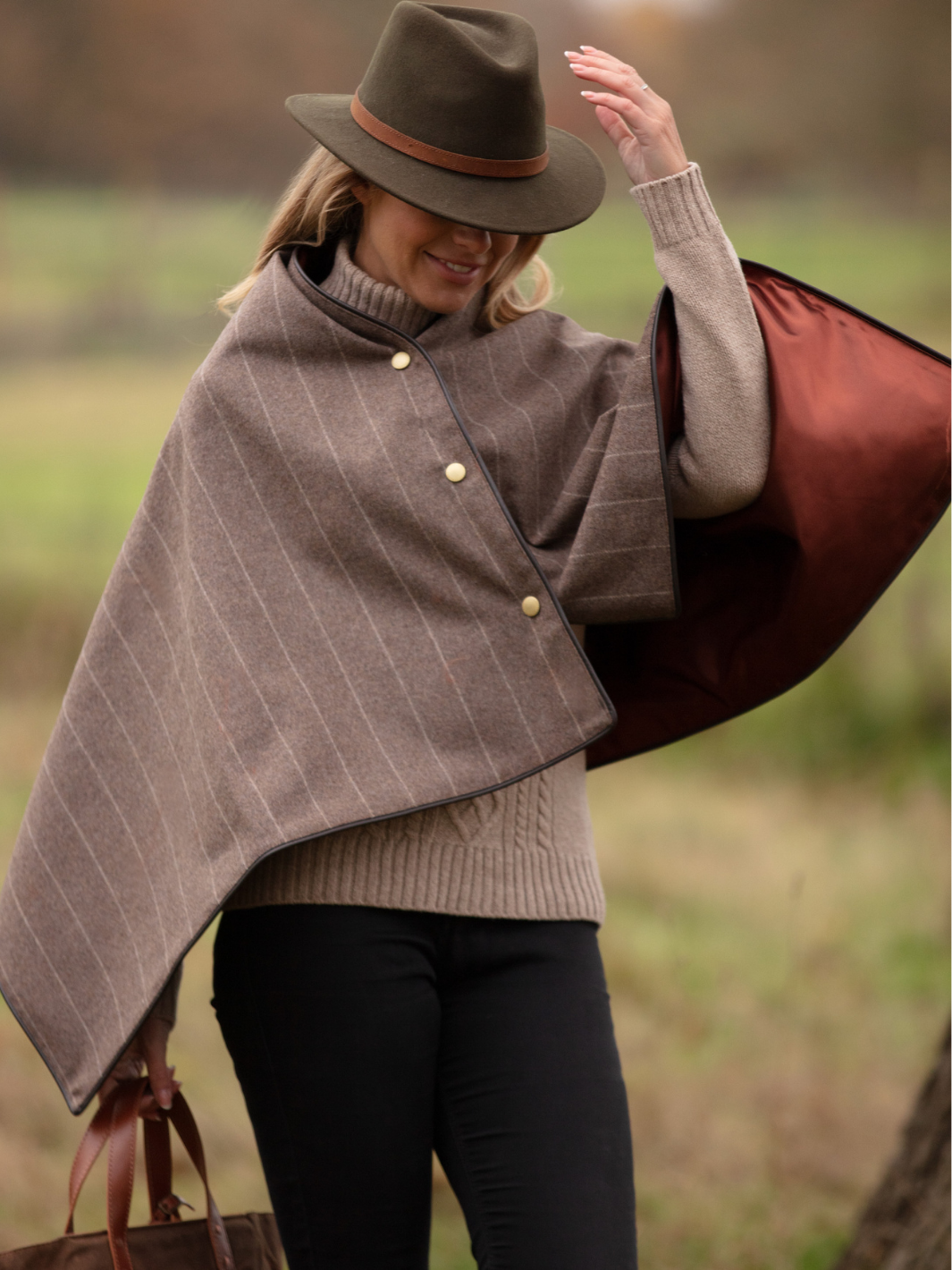 Made in England Tweed Shawl in Mouseback Grey 100% Wool with Subtle Stripe Detail and Rich Rust Satin Lining – Finished with Dark Brown Leather-Look Binding and Gold John Partridge Stud Fastenings – Classic British Wrap for Women