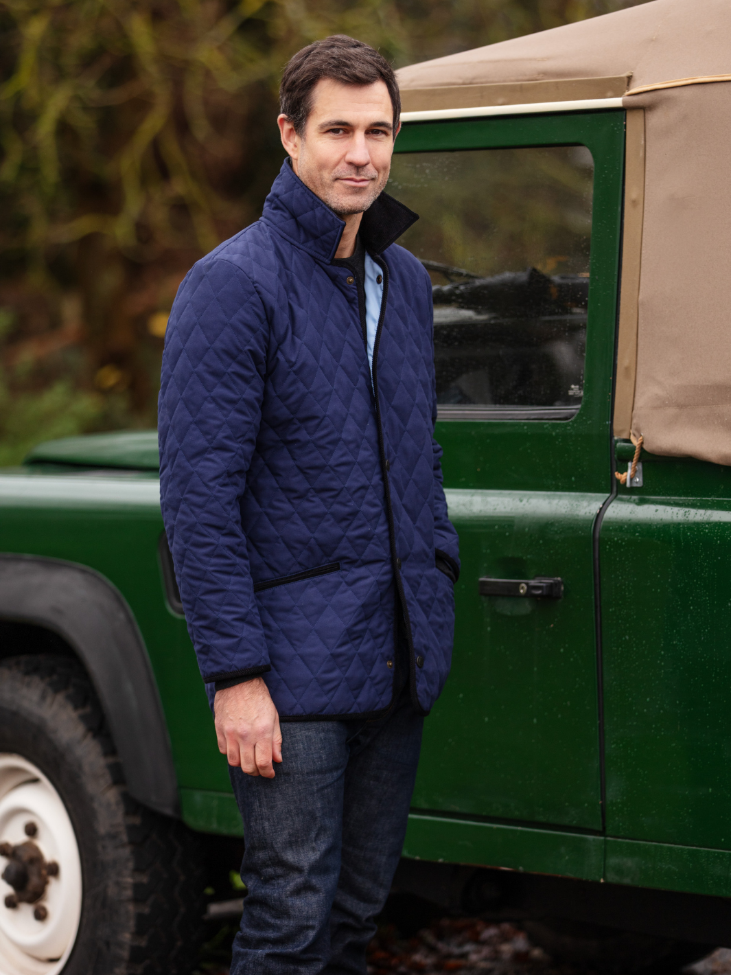 Unisex Lightweight Navy Quilted Jacket with Dark Corduroy Collar and Sky-Blue Satin Lining – Classic Country Style for Men and Women