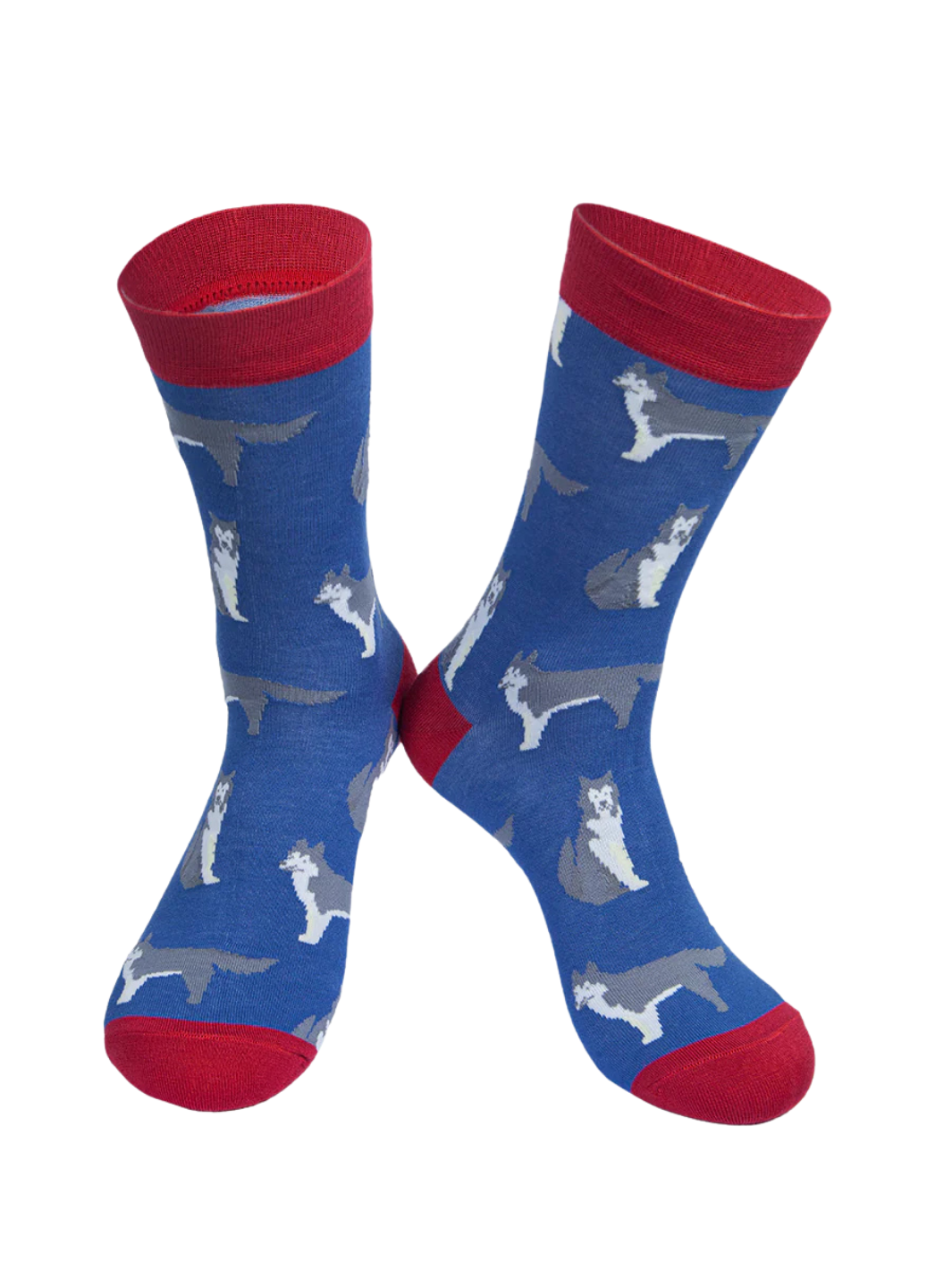 Unisex Husky Socks | Blue patterned socks with grey and white huskies, red cuffs, heels and toes