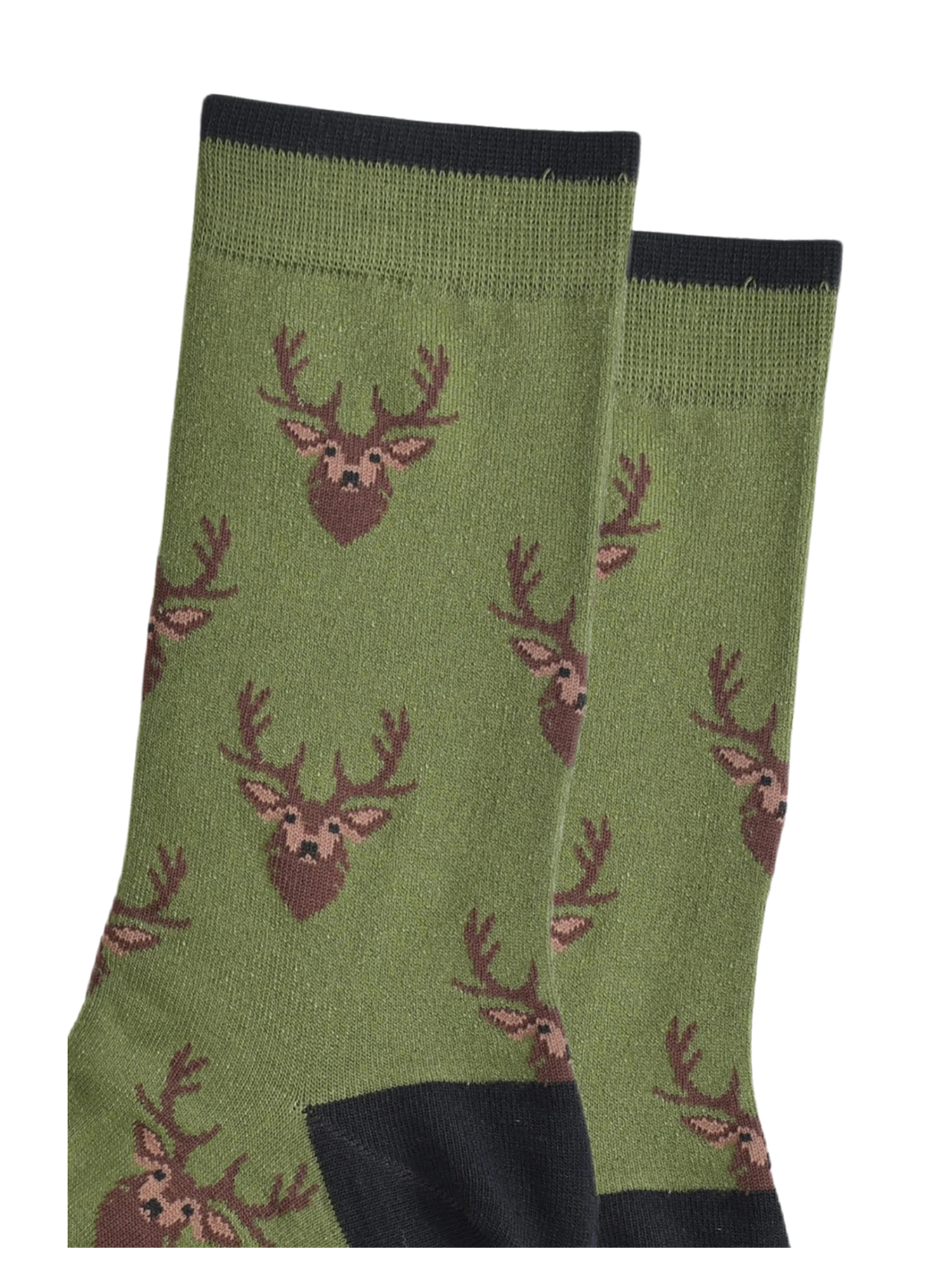 Unisex Stag Socks | Olive green socks with brown stag head pattern and black cuffs, heels and toes