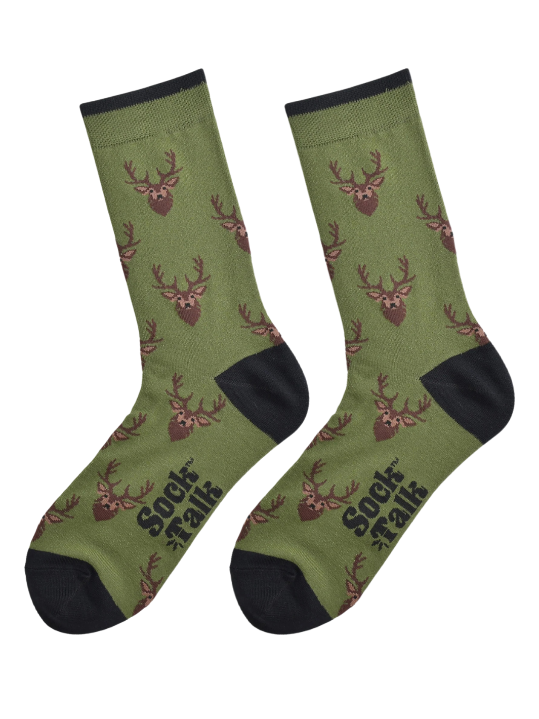 Unisex Stag Socks | Olive green socks with brown stag head pattern and black cuffs, heels and toes