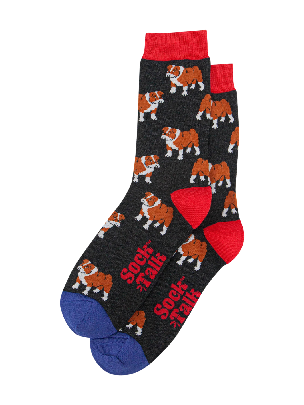 Unisex Bulldog Socks | Charcoal grey socks with orange and white bulldog pattern and bright red cuffs, heels and toes