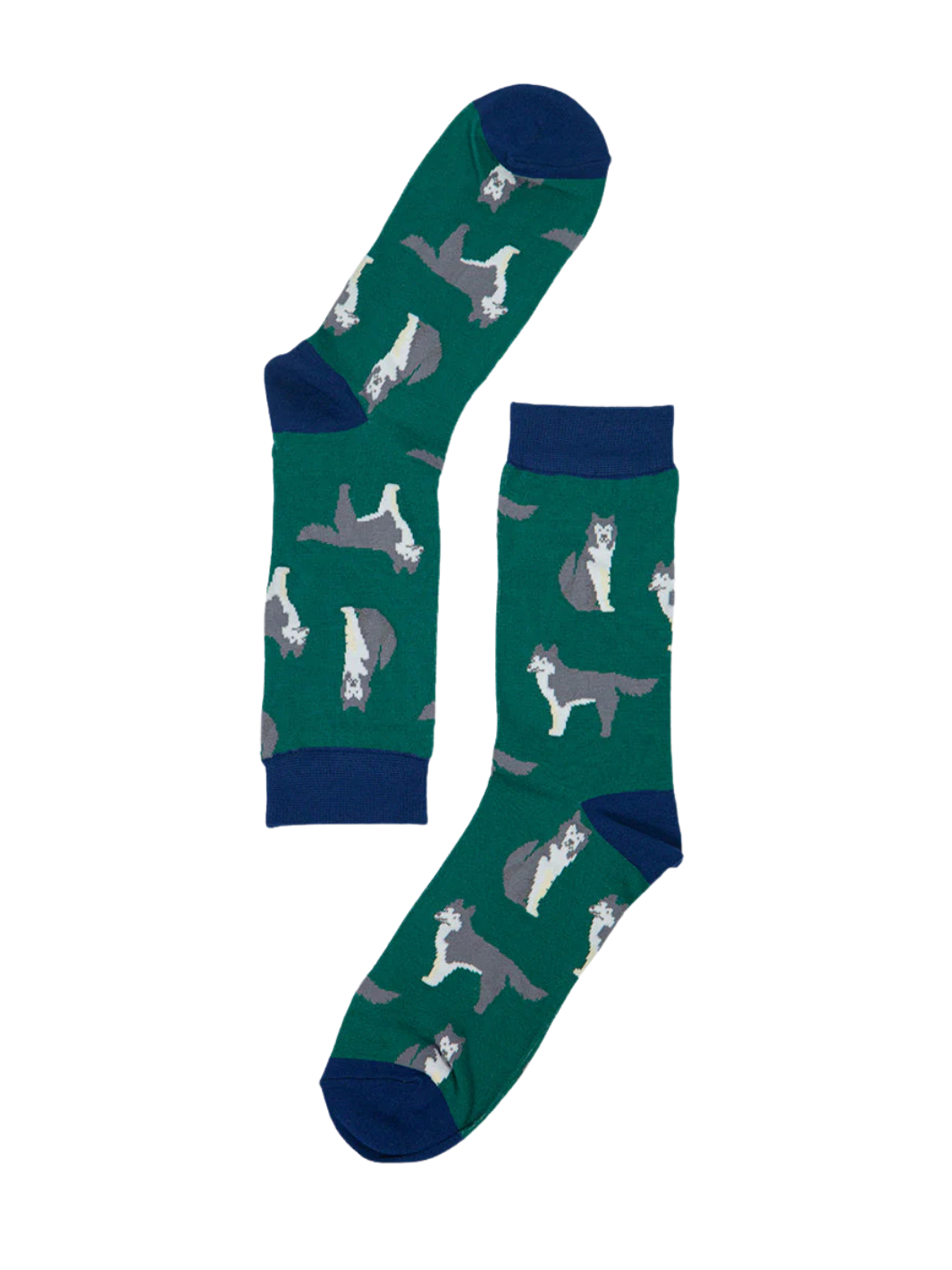 Unisex Husky Socks | Green patterned socks with grey and white huskies, navy cuffs, heels and toes