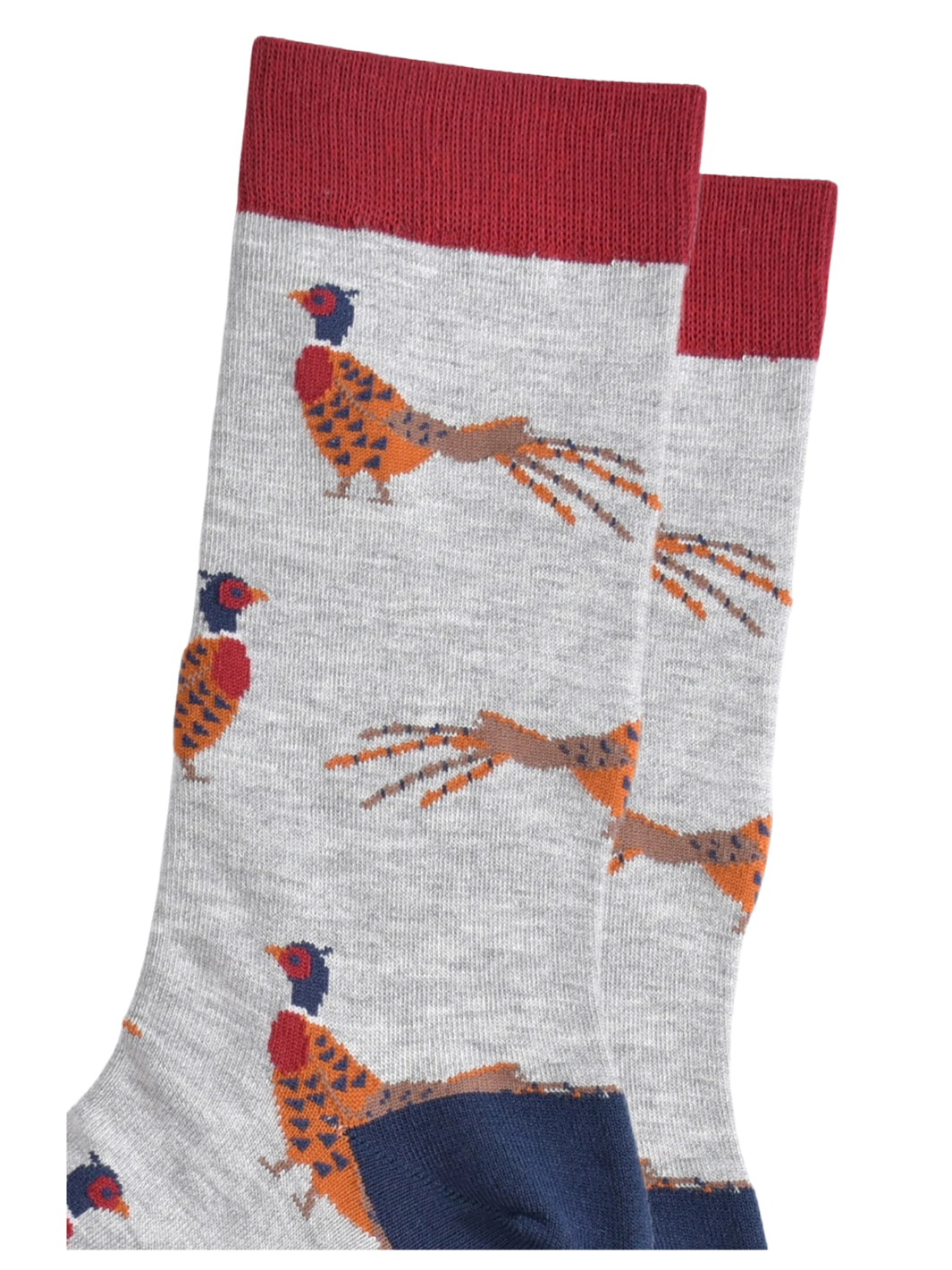Unisex Pheasant Socks | Light grey patterned socks with colourful pheasants, red cuffs and navy heels