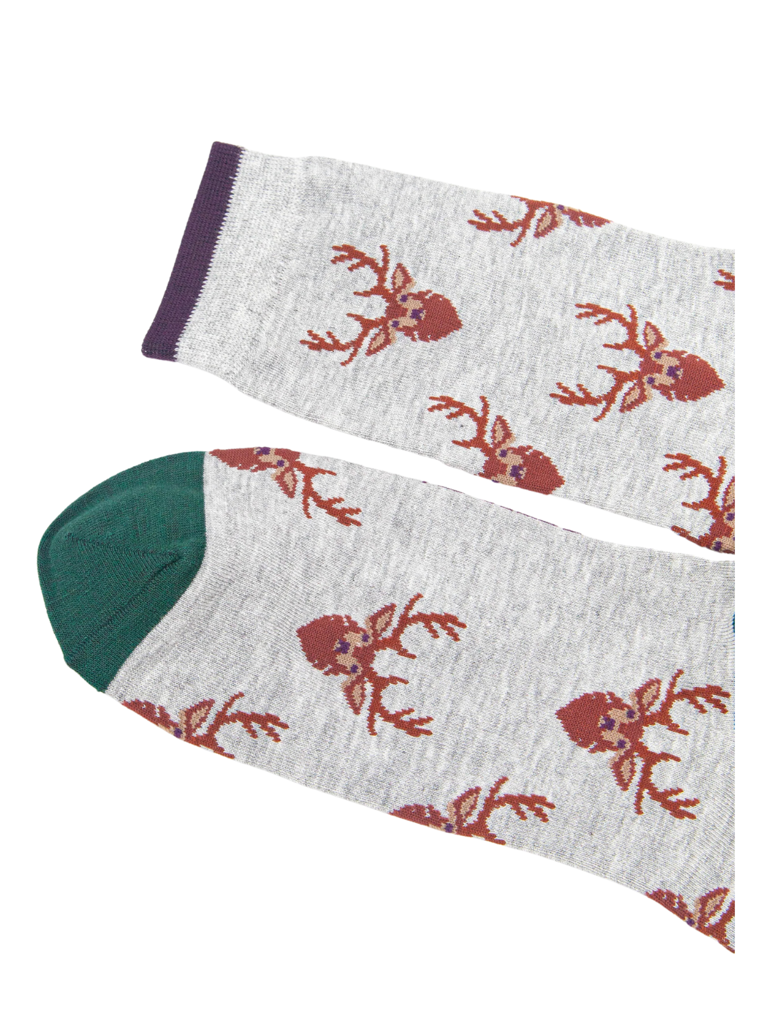 Unisex Stag Socks | Light grey socks with rust stag head pattern, dark purple cuffs and green toes