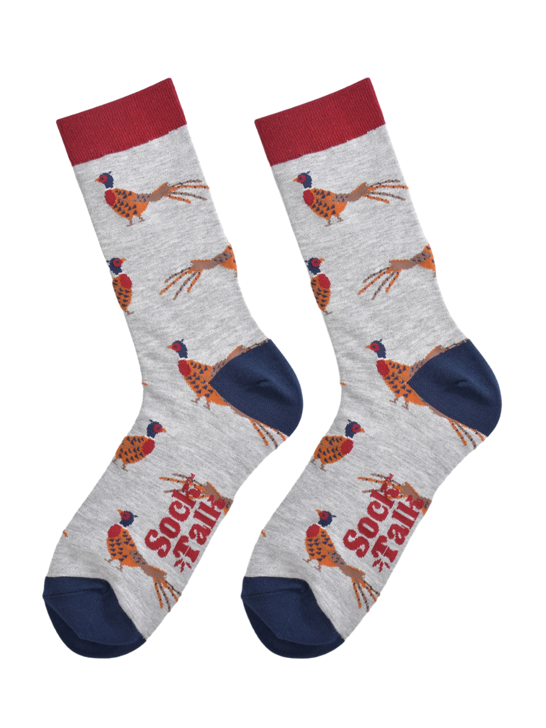 Unisex Pheasant Socks | Light grey socks with colourful pheasant print, burgundy cuffs and navy heels and toes
