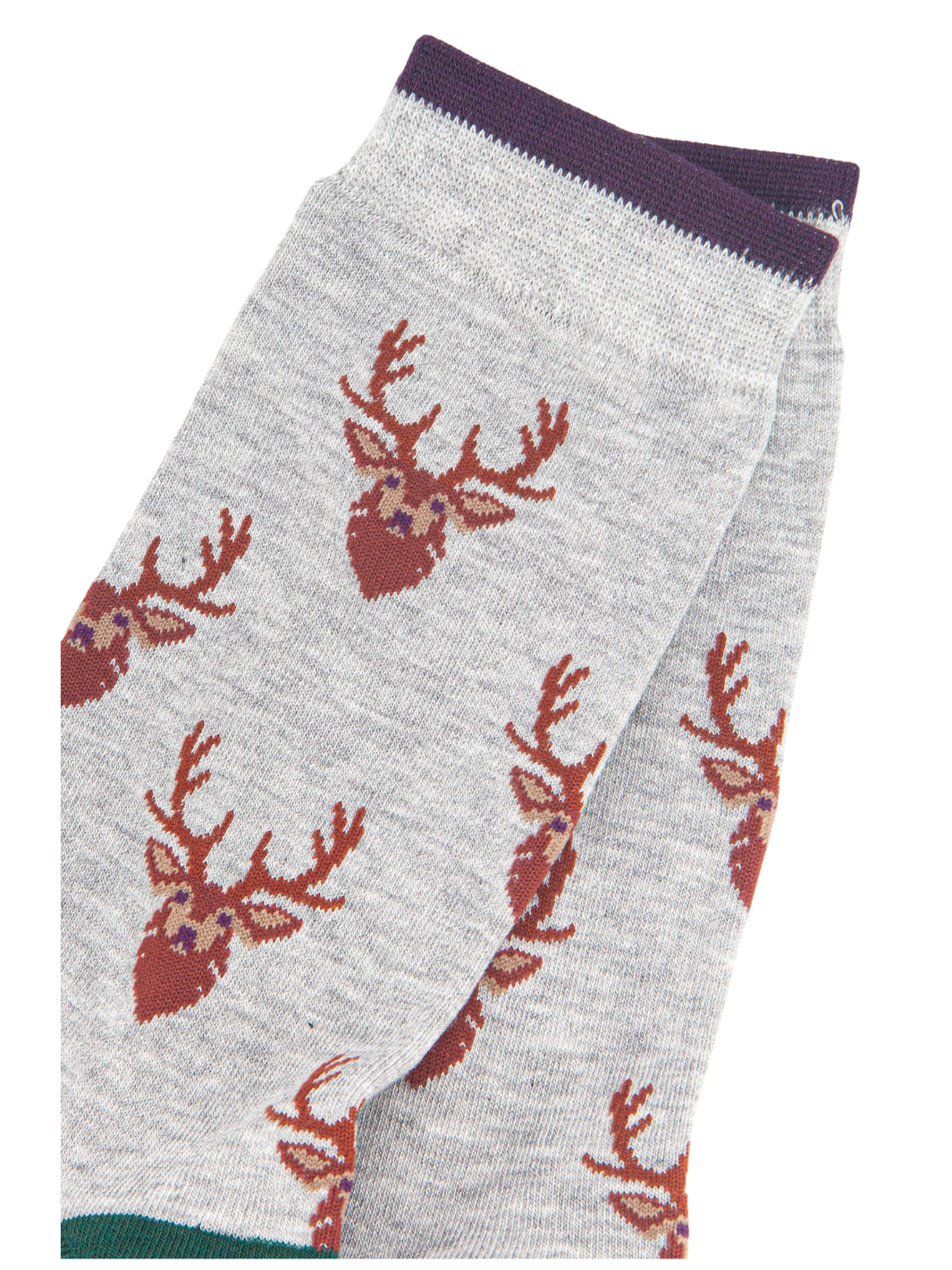 Unisex Stag Socks | Light grey socks with rust and burgundy stag head pattern and dark purple cuffs