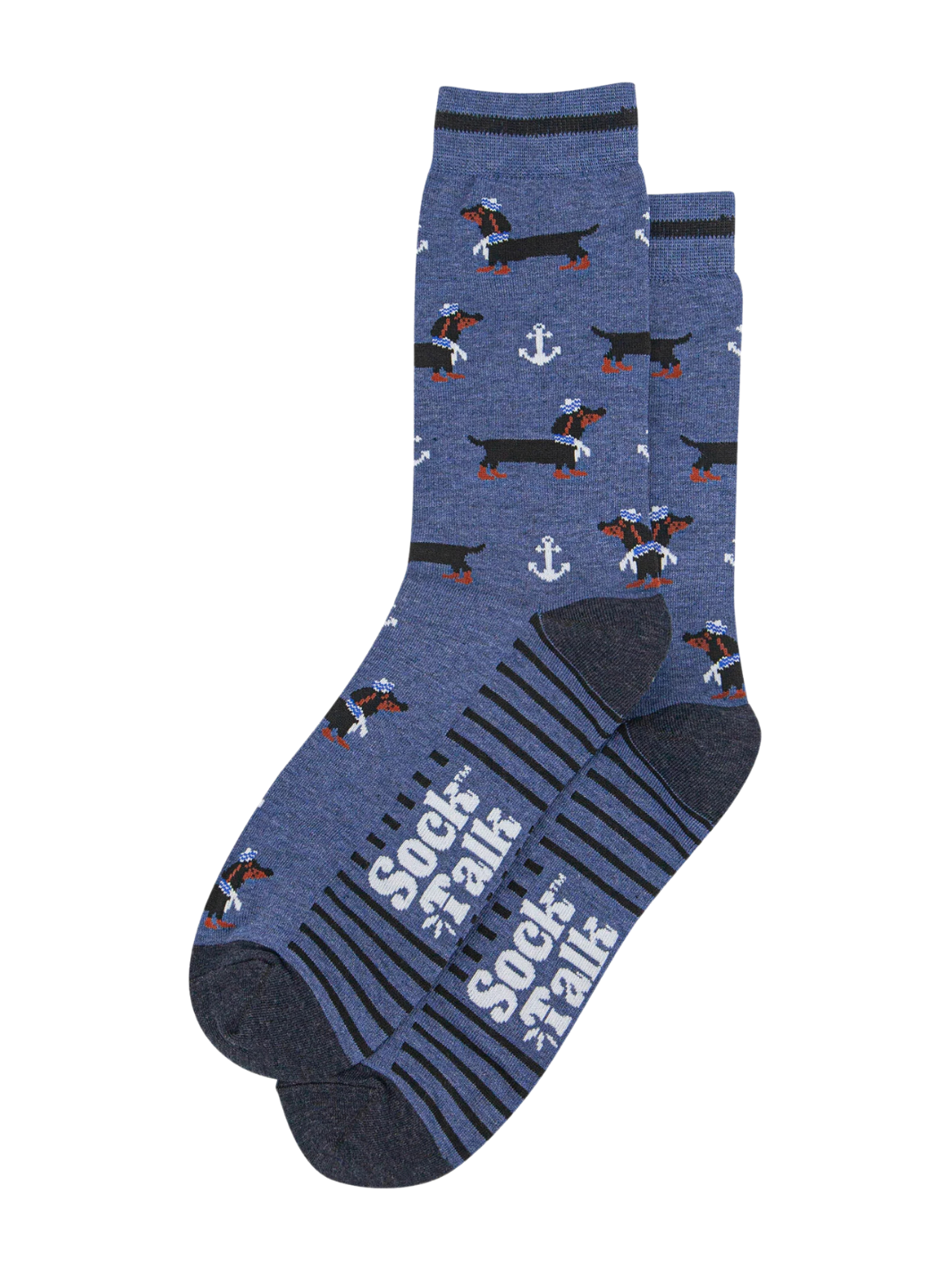 Men’s Dachshund Socks | Blue patterned socks with dachshund dogs, white anchors, striped soles and dark grey heels and toes