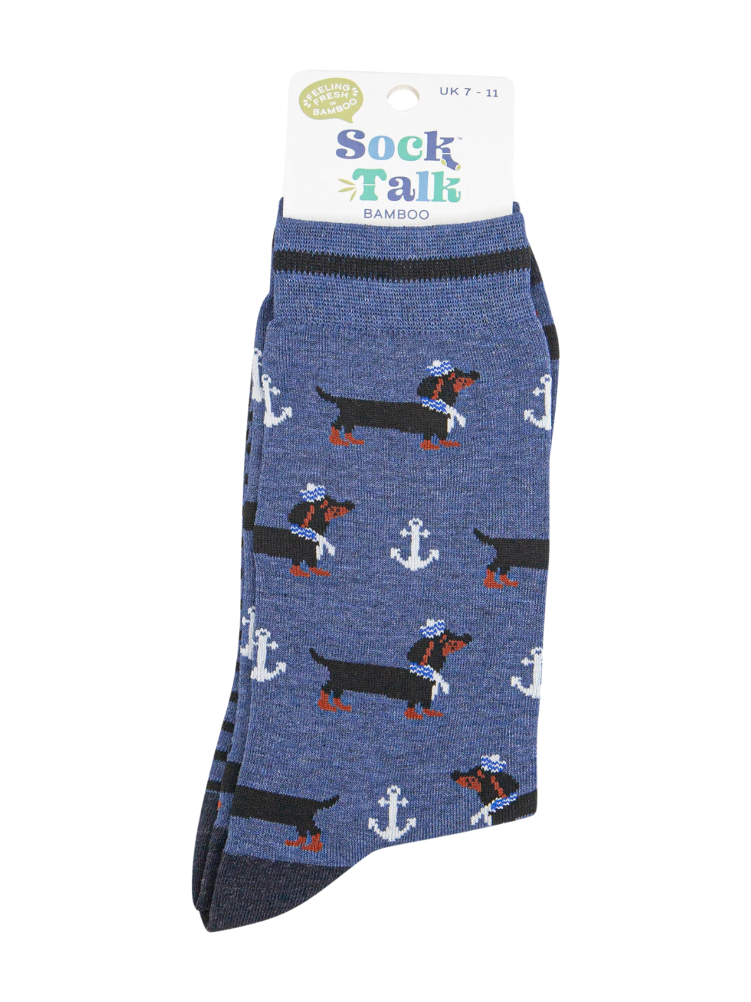 Men’s Dachshund Socks | Blue patterned socks with dachshund dogs, white anchors, striped soles and dark grey heels and toes