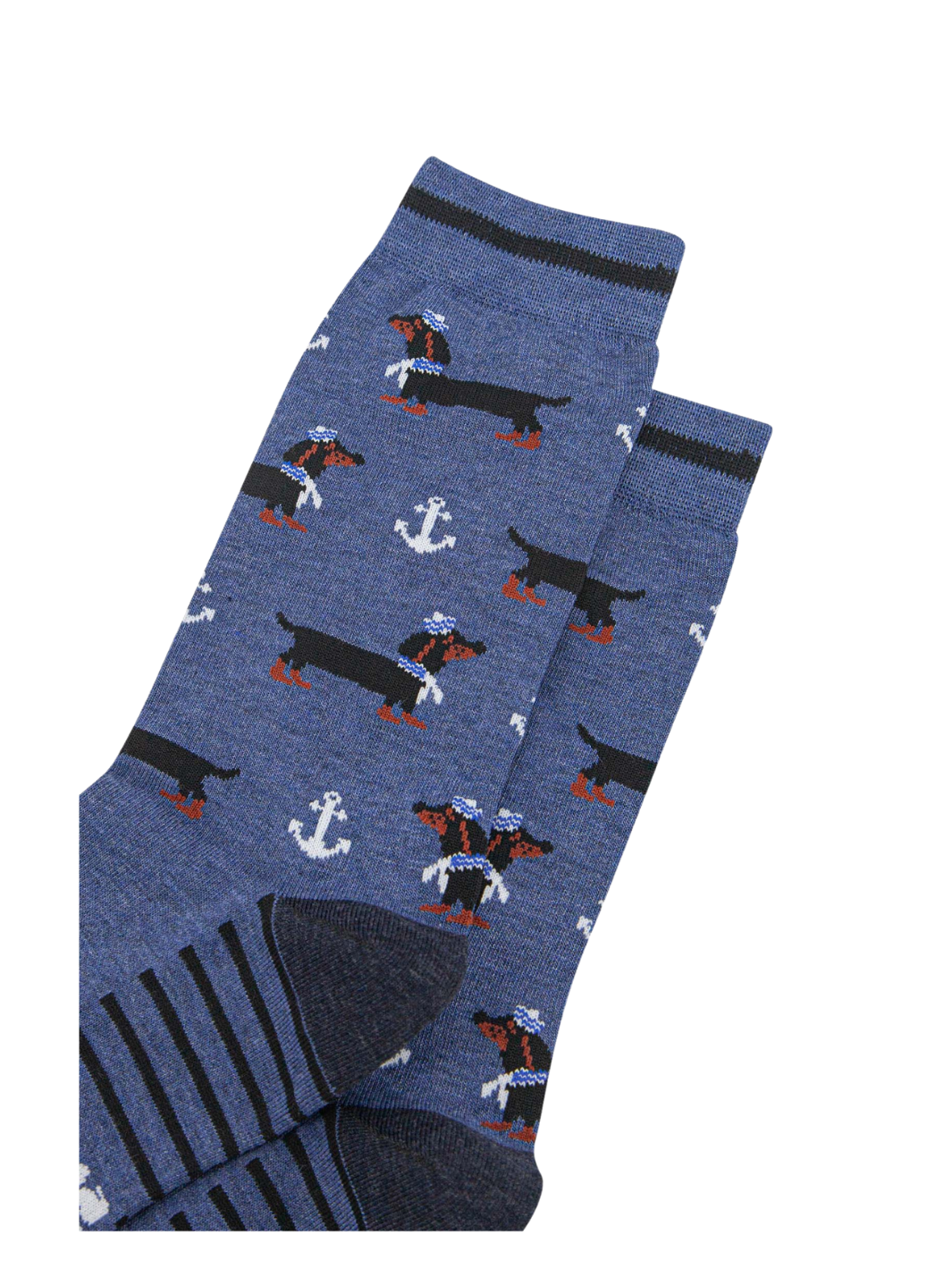 Men’s Dachshund Socks | Blue patterned socks with dachshund dogs, white anchors, striped soles and dark grey heels and toes