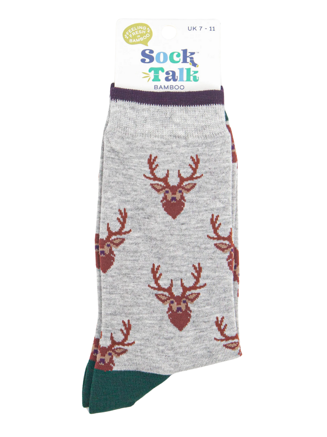 Unisex Stag Socks | Packaged light grey bamboo socks with rust stag pattern, purple cuffs and green toes