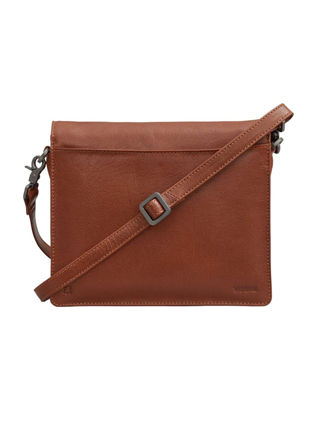 Women’s Leather Crossbody Bag | Tan brown leather satchel with flap front, adjustable shoulder strap and subtle embossed logo