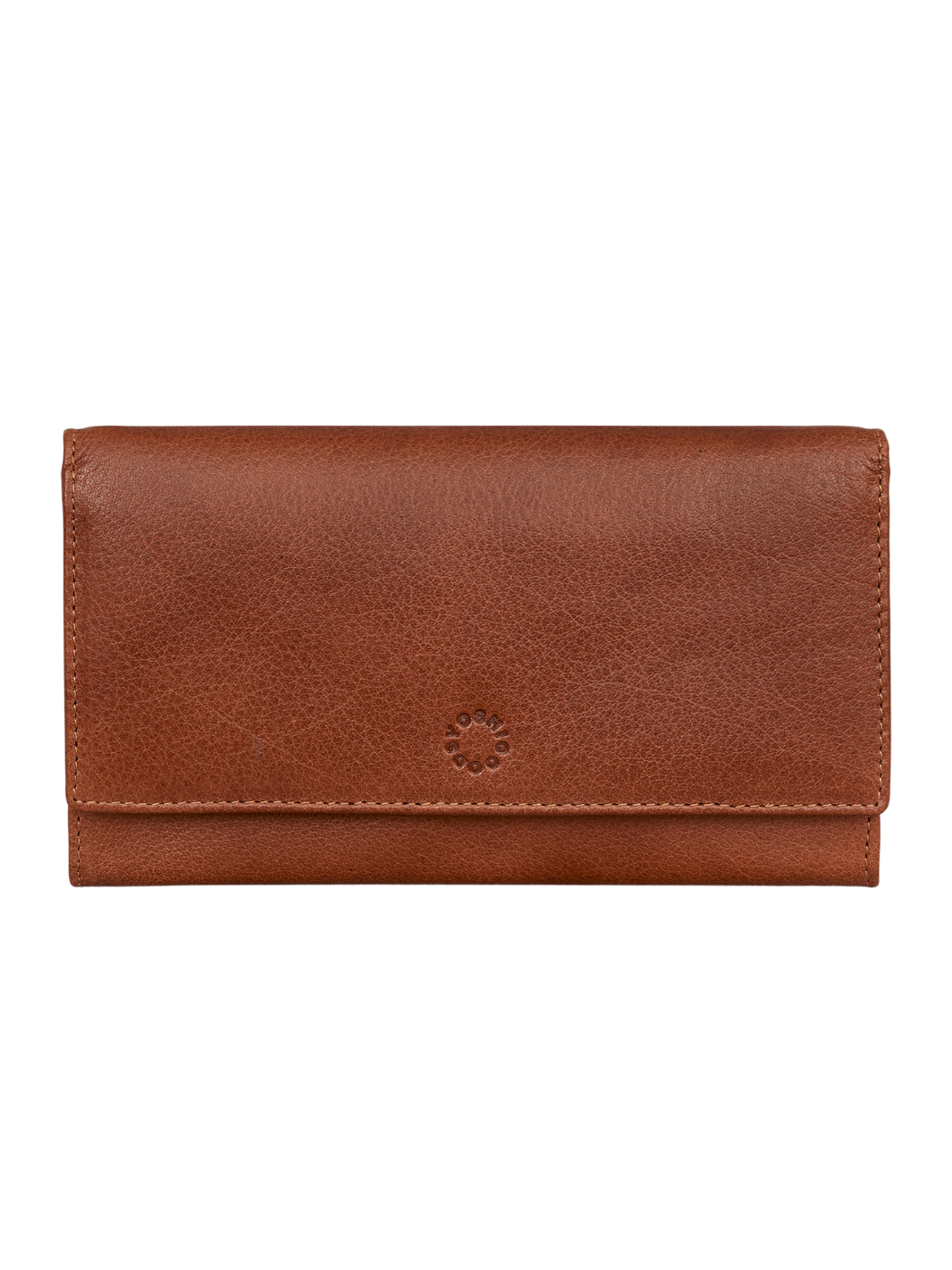 Women’s Leather Purse | Tan brown leather wallet with flap closure, stitched edging and subtle embossed logo