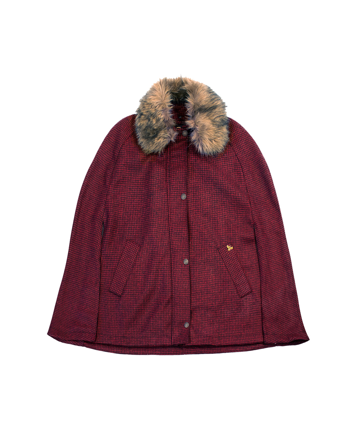 Newbury Tweed Cape with Faux Fur Collar - Red and Black Houndstooth - John Partridge & Co