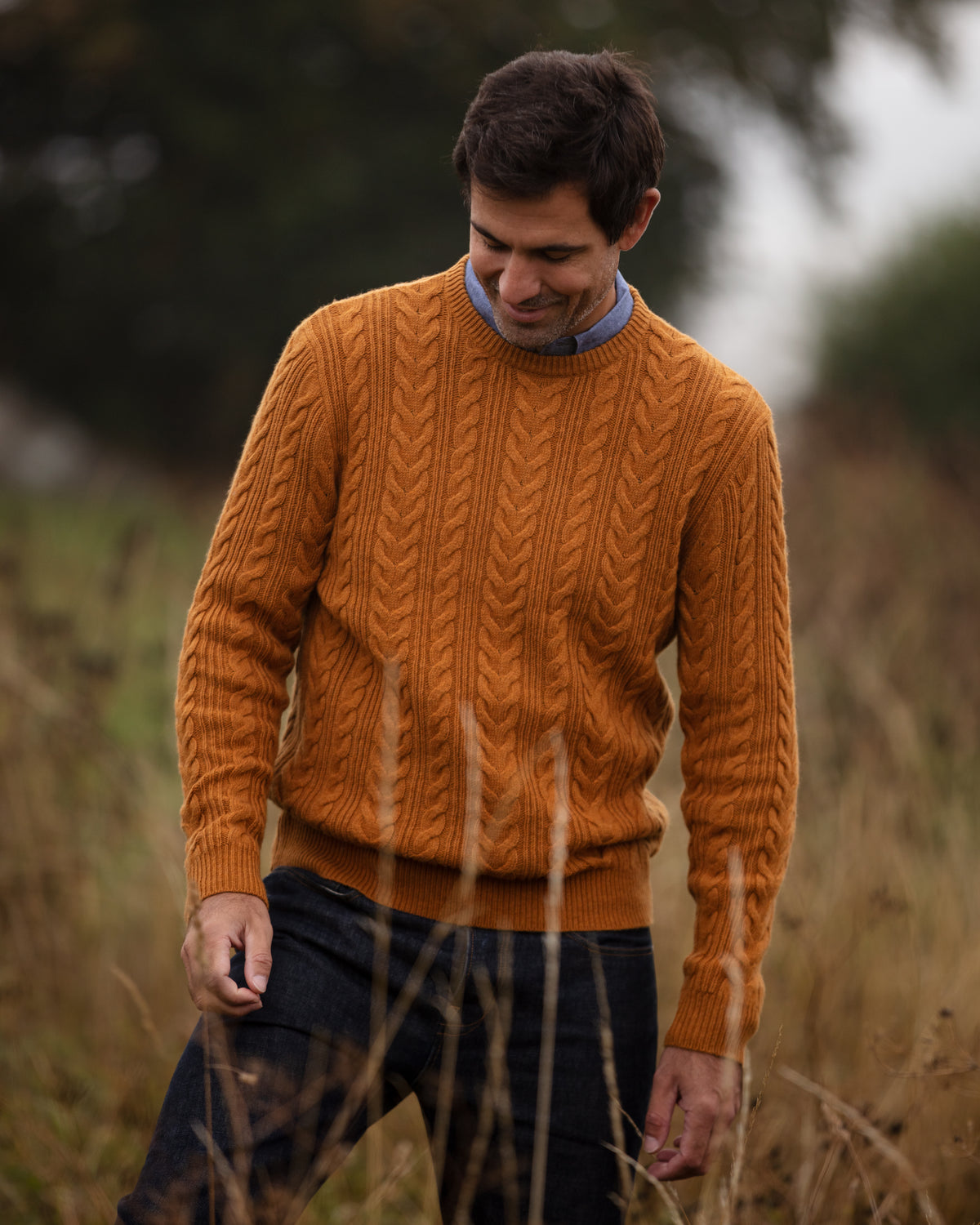 Herringbone Crew Neck Jumper - Mustard | John Partridge