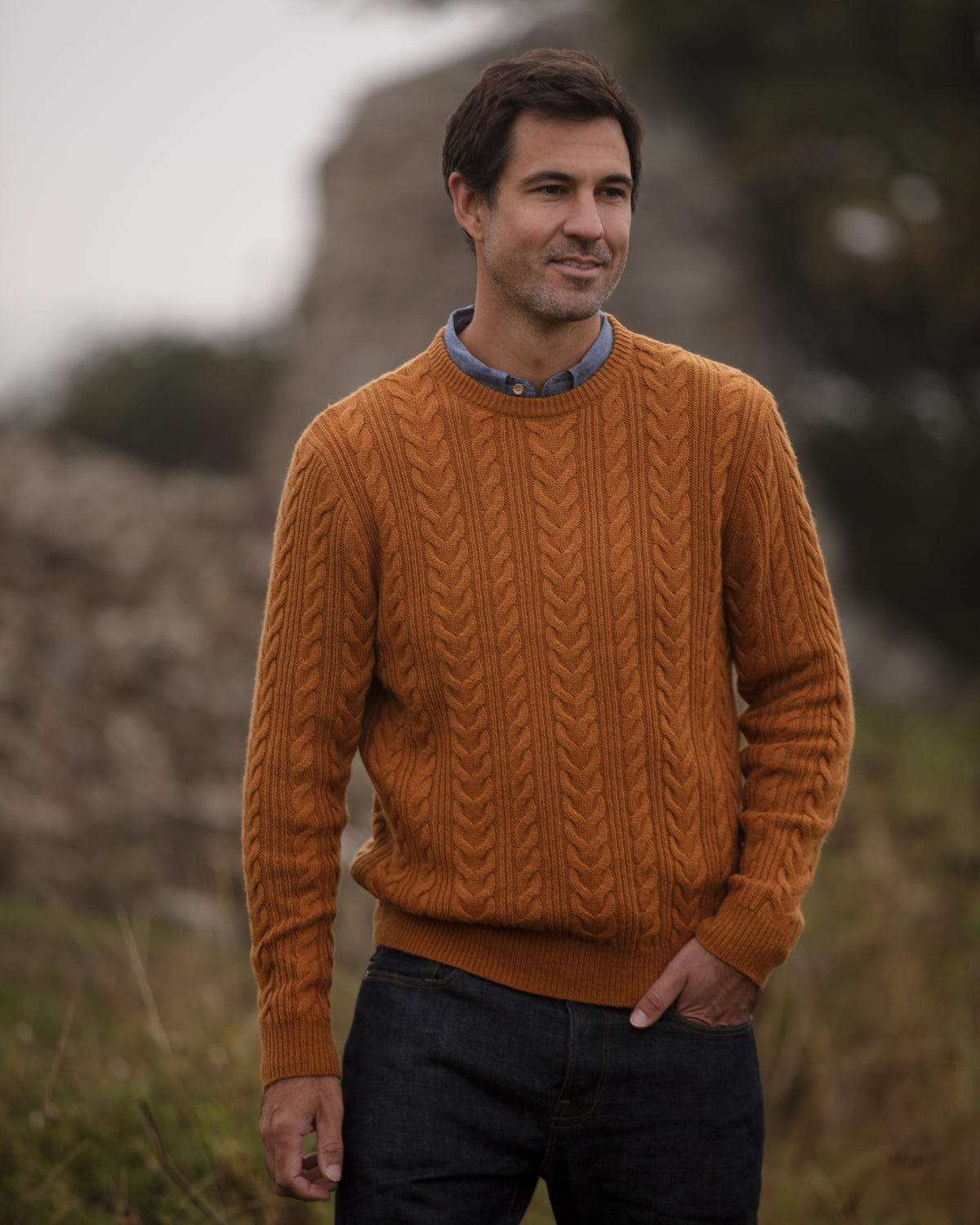 Herringbone Crew Neck Jumper - Mustard | John Partridge