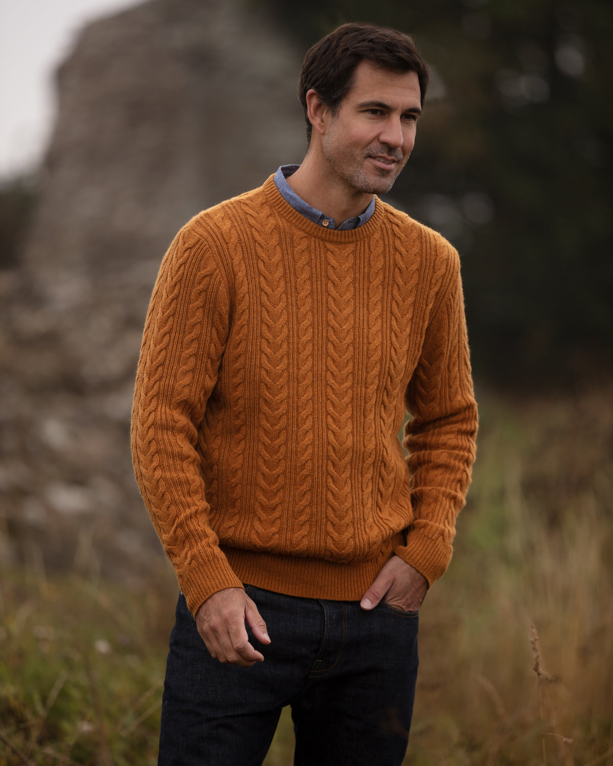 Herringbone Crew Neck Jumper - Mustard | John Partridge