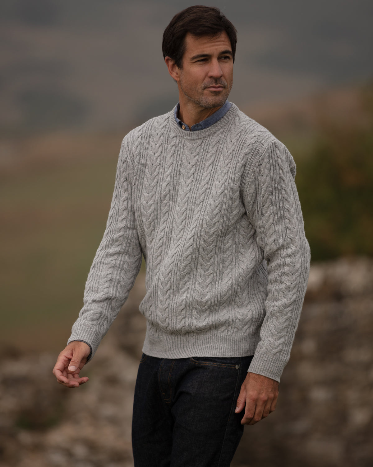 Herringbone Crew Neck Jumper - Grey | John Partridge