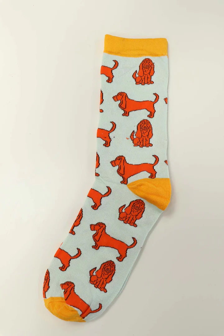 Green Mustard Basset Hound Dog Print Bamboo Mix Socks