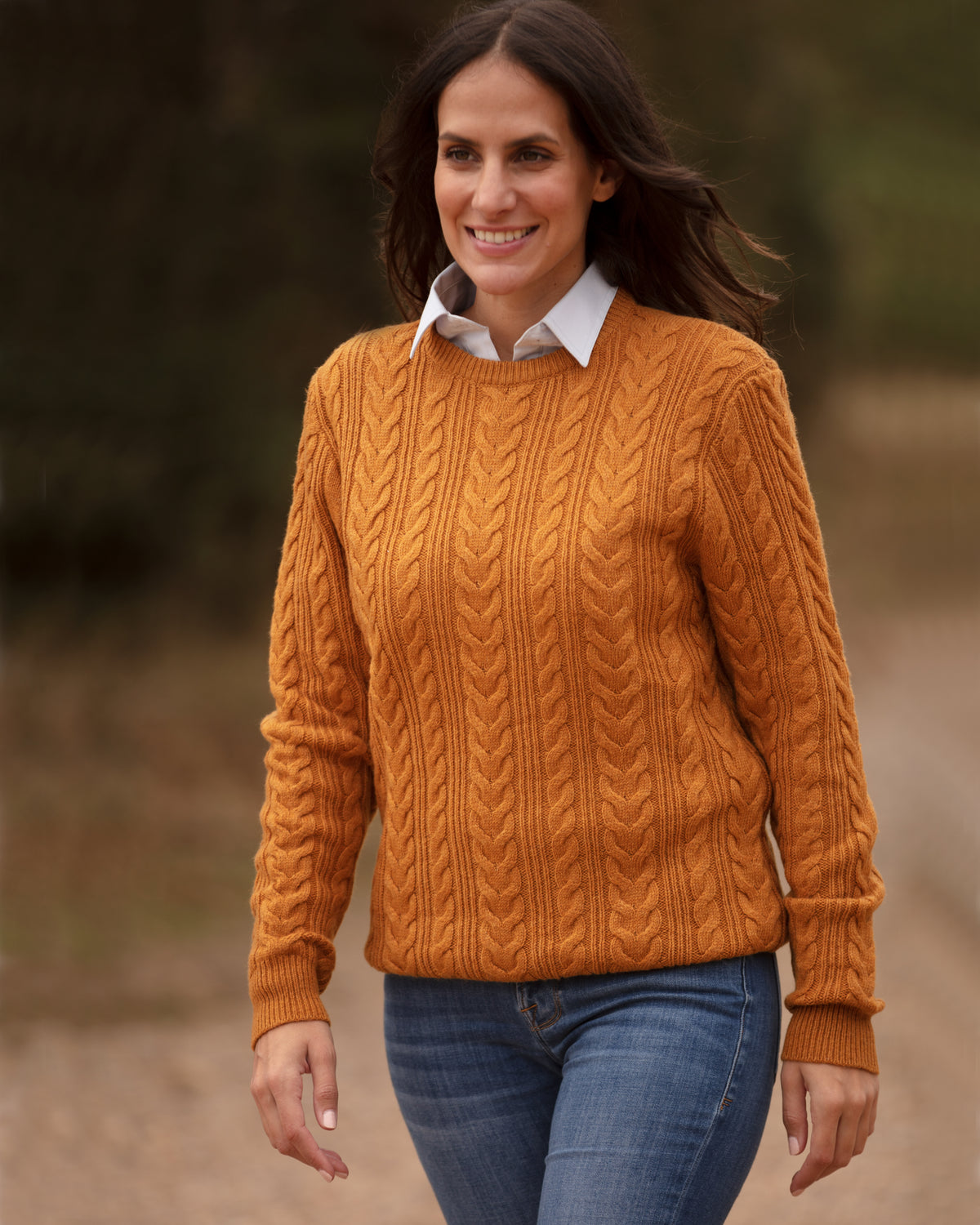Herringbone Crew Neck Jumper - Mustard | John Partridge
