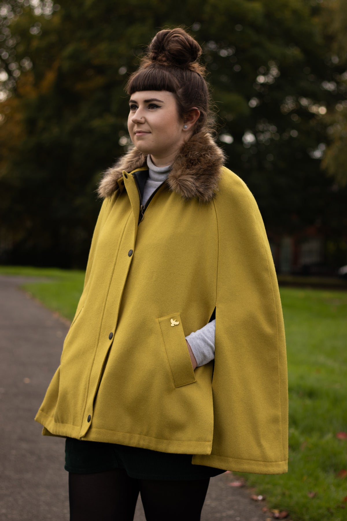 Newbury Tweed Cape with Faux Fur Collar - Ochre Yellow - John Partridge & Co