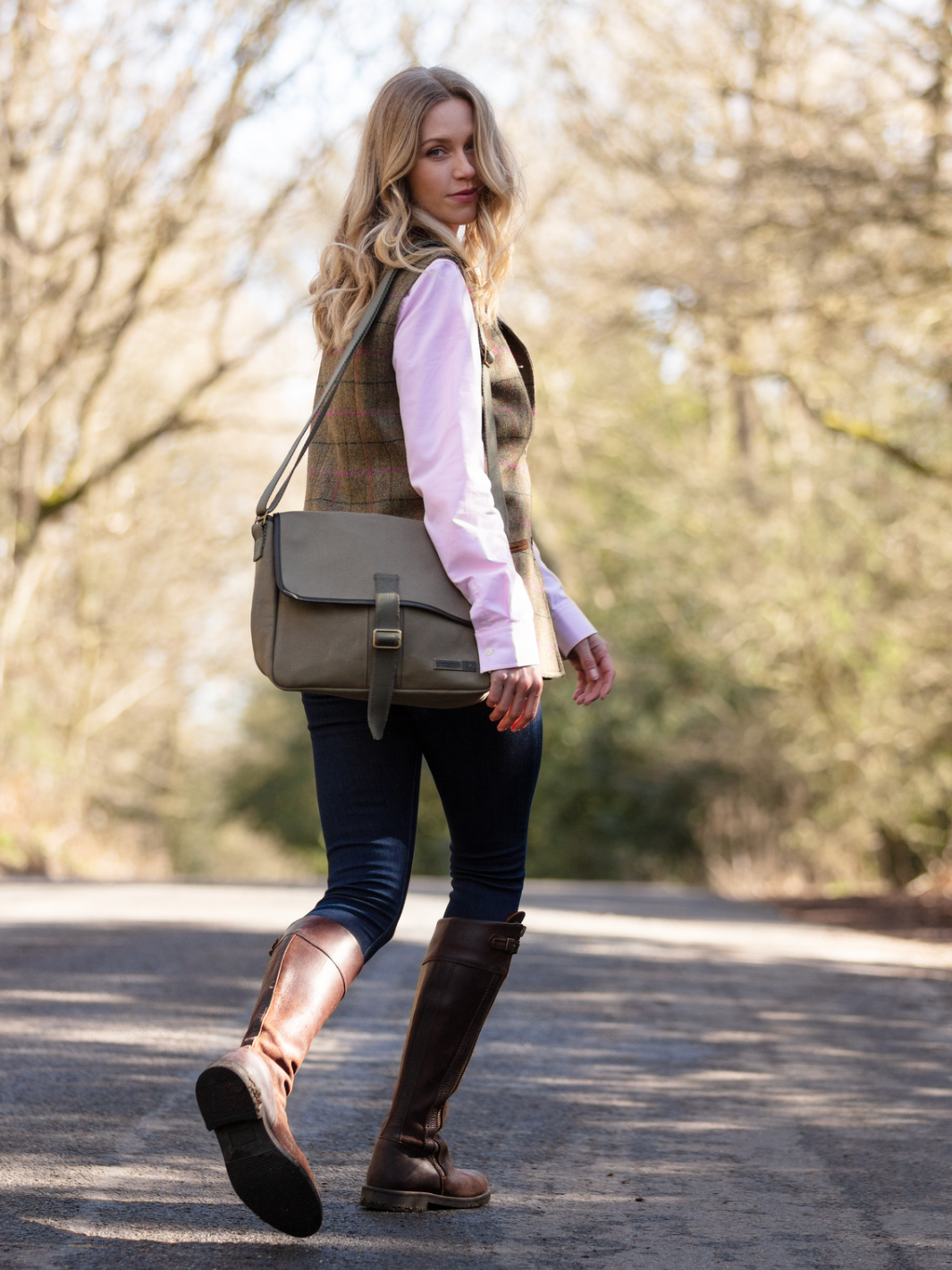 Khaki Green Cotton Canvas Cartridge Satchel Bag with Strap and Buckle