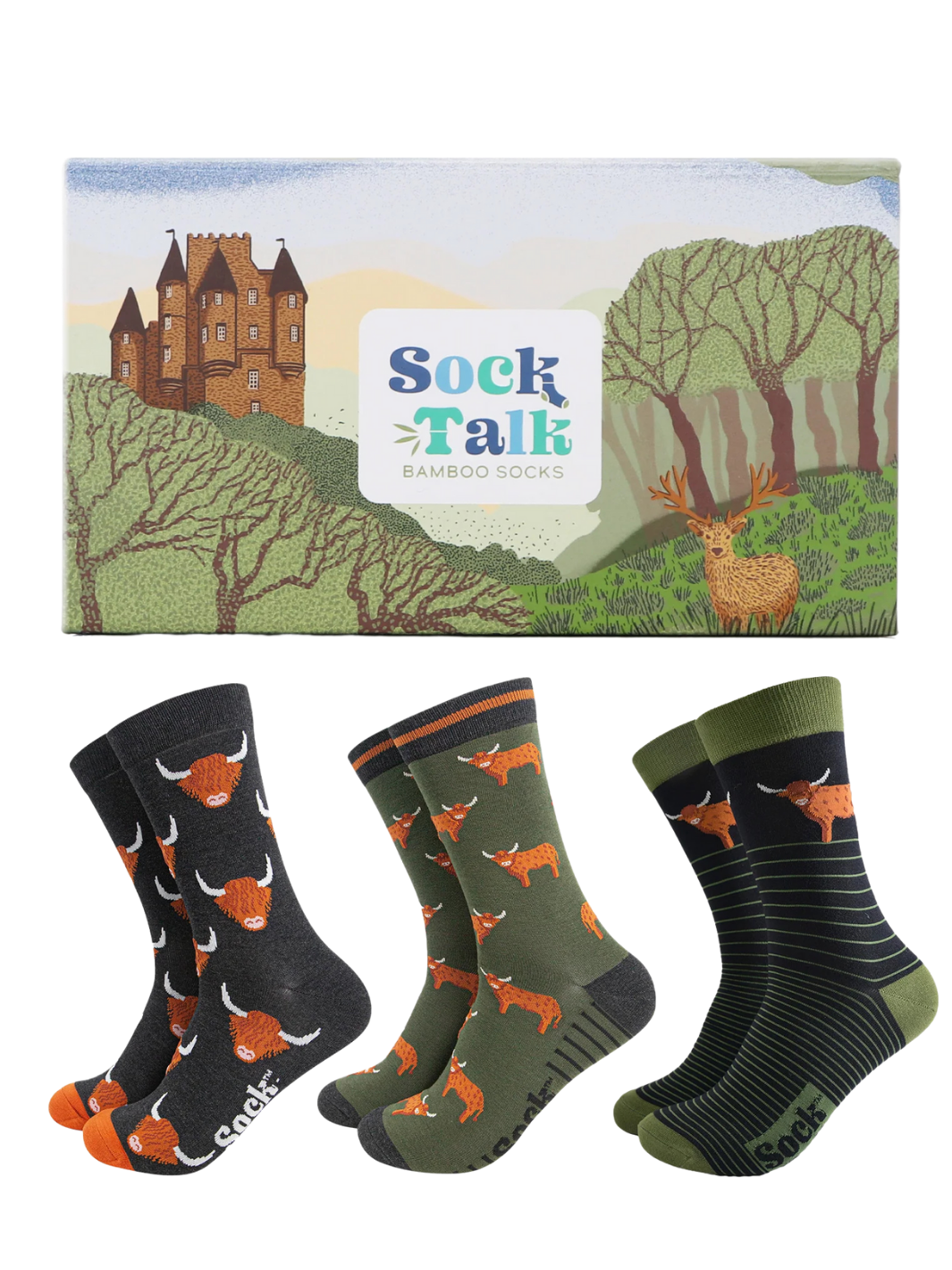 Highland Cow Sock Gift Set | Mens bamboo socks with countryside cow designs in gift box