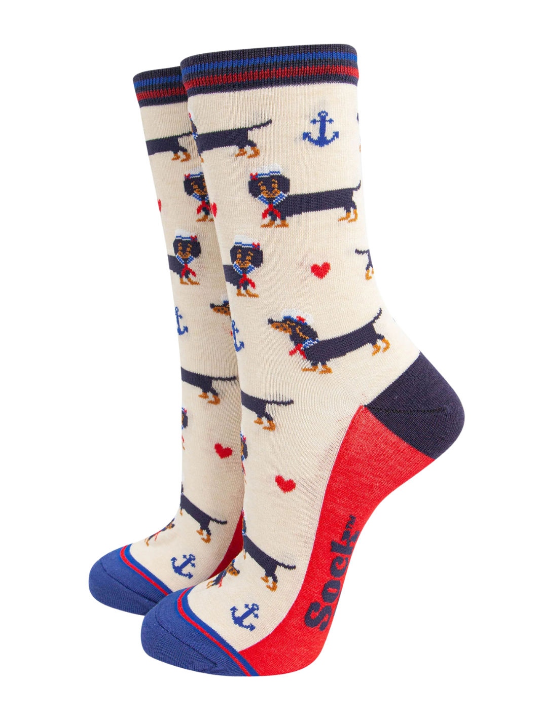 Sausage Dog Sock  | Bamboo ankle socks with colourful sausage dog and anchor design