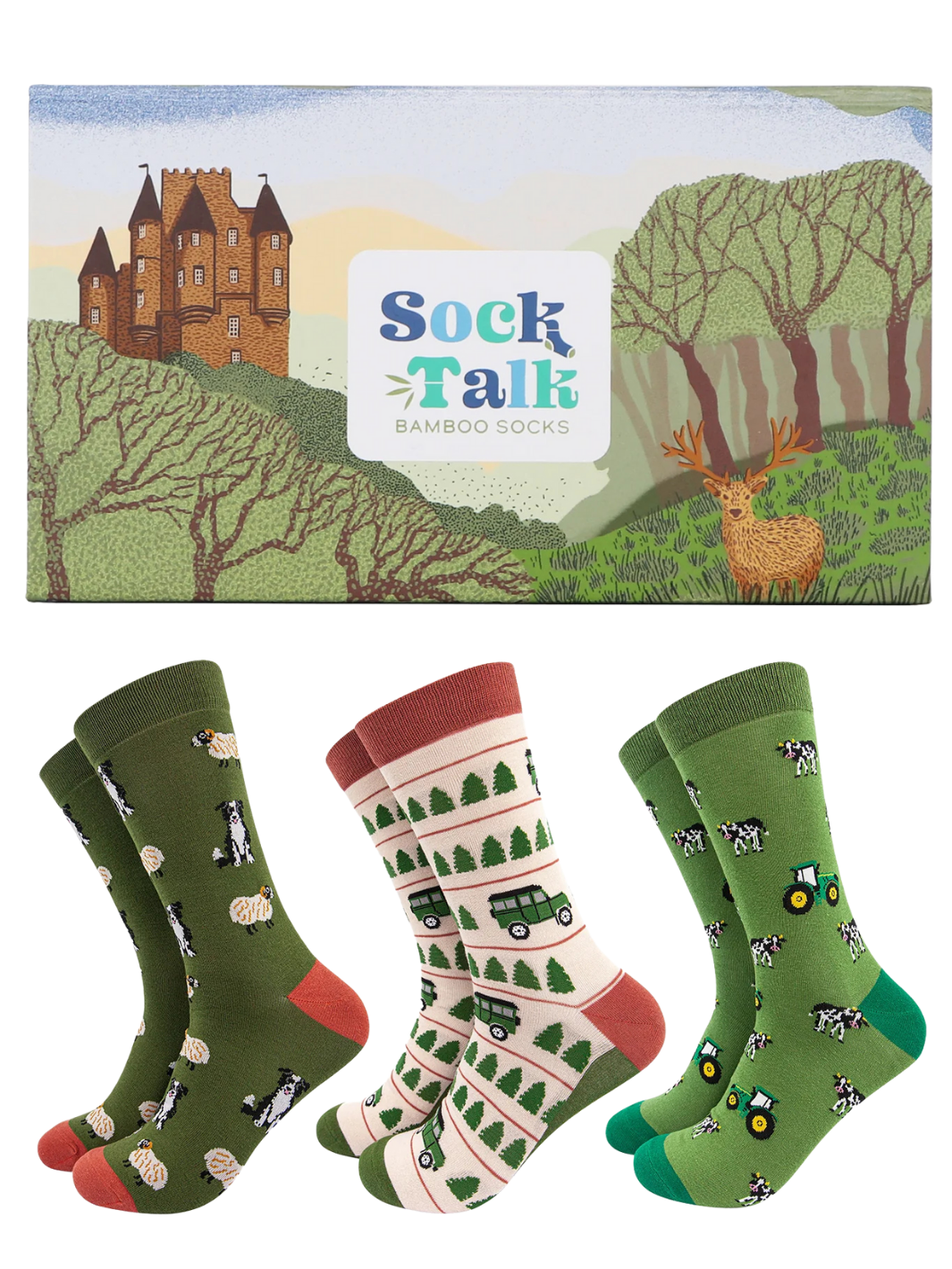 Farm Vehicle Sock Gift Set | Mens bamboo socks with farm animals and tractors in gift box