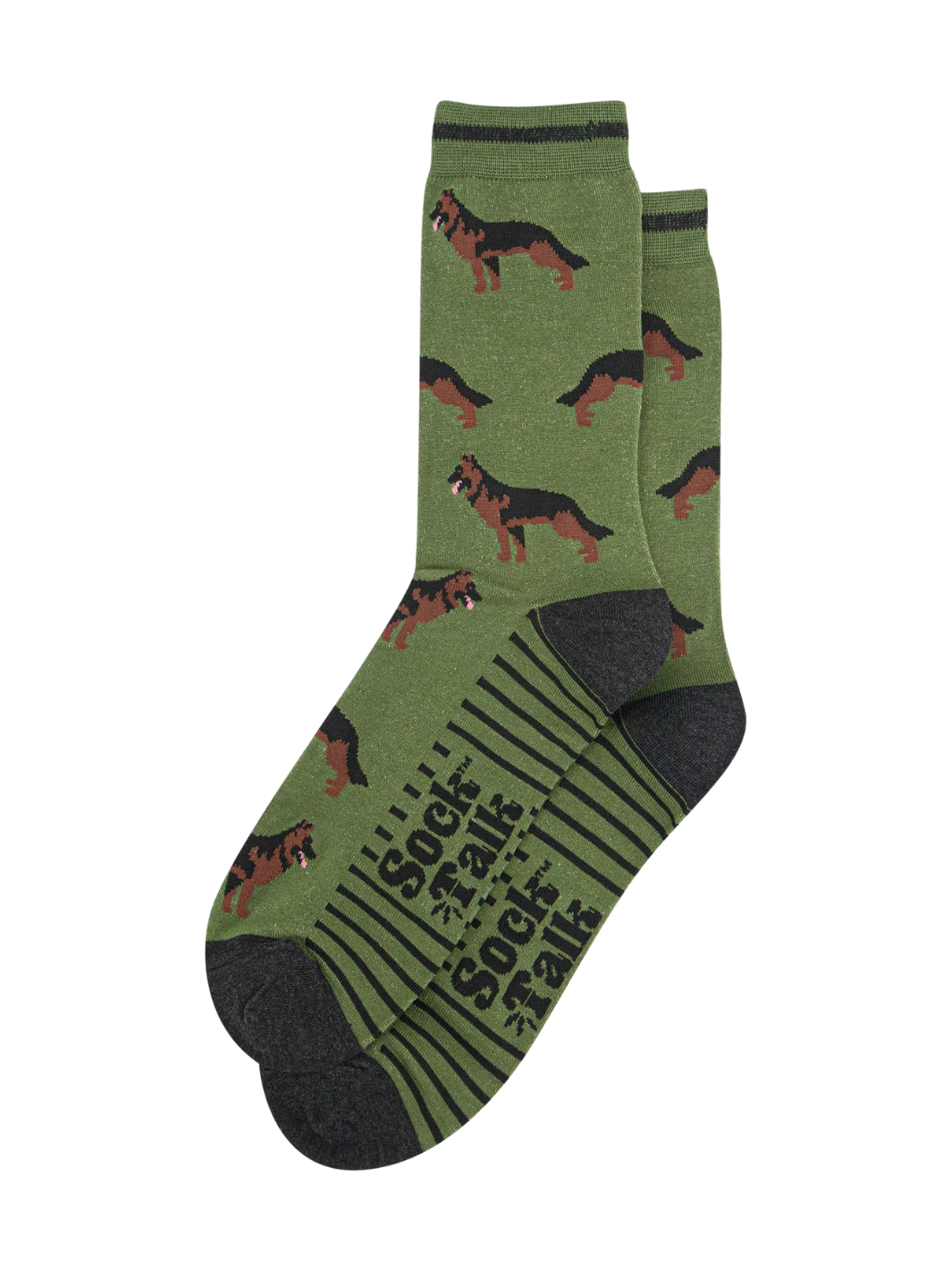 German Shepherd Socks | Soft bamboo socks with playful dog design and striped cuff