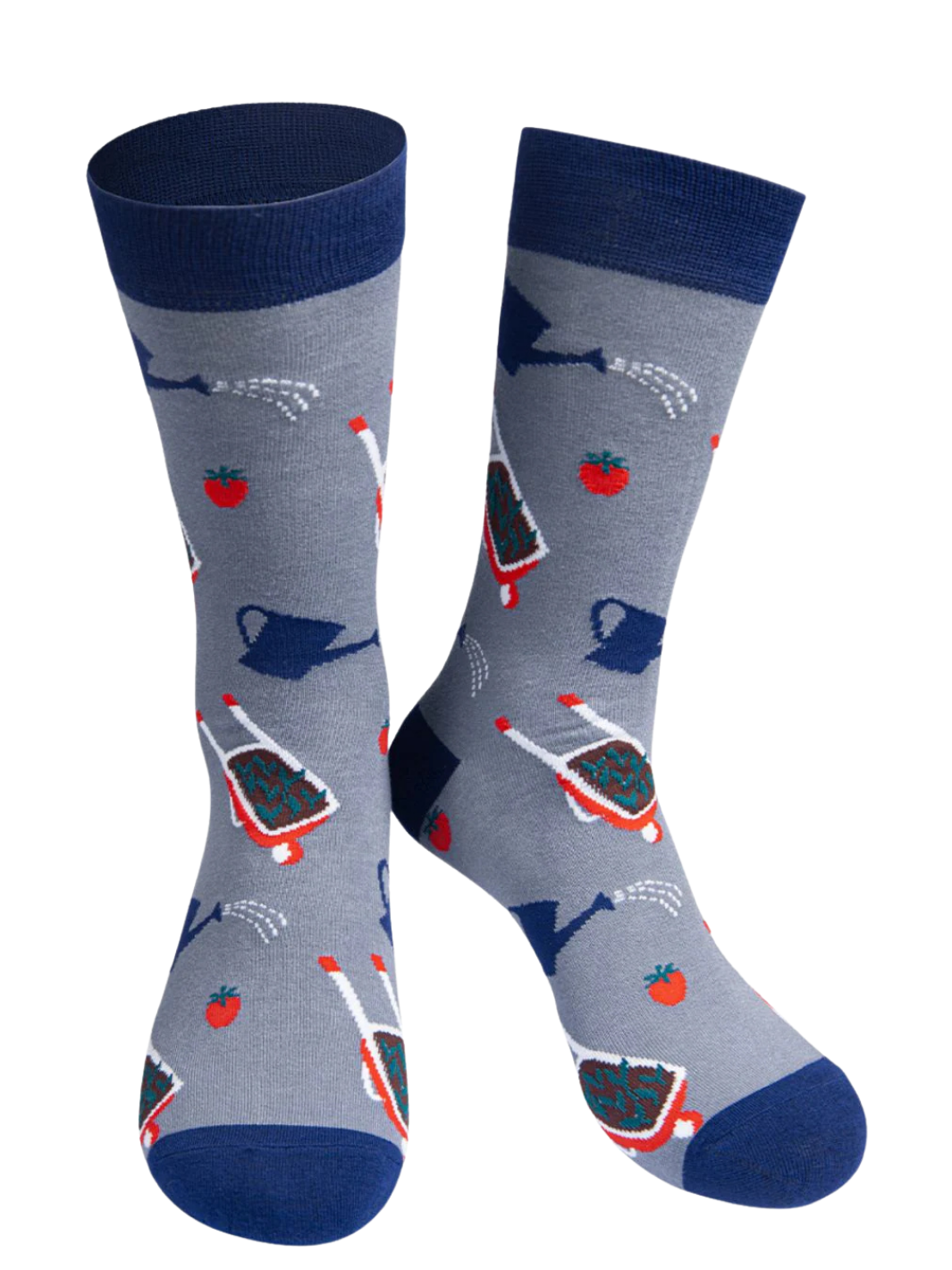 Gardening Bamboo Socks | Grey and navy socks with wheelbarrow and watering can design