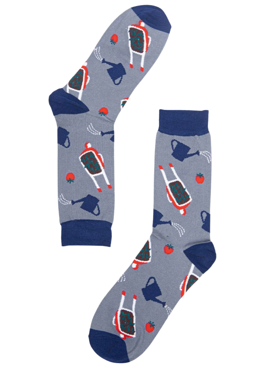 Gardening Bamboo Socks | Grey and navy socks with wheelbarrow and watering can design