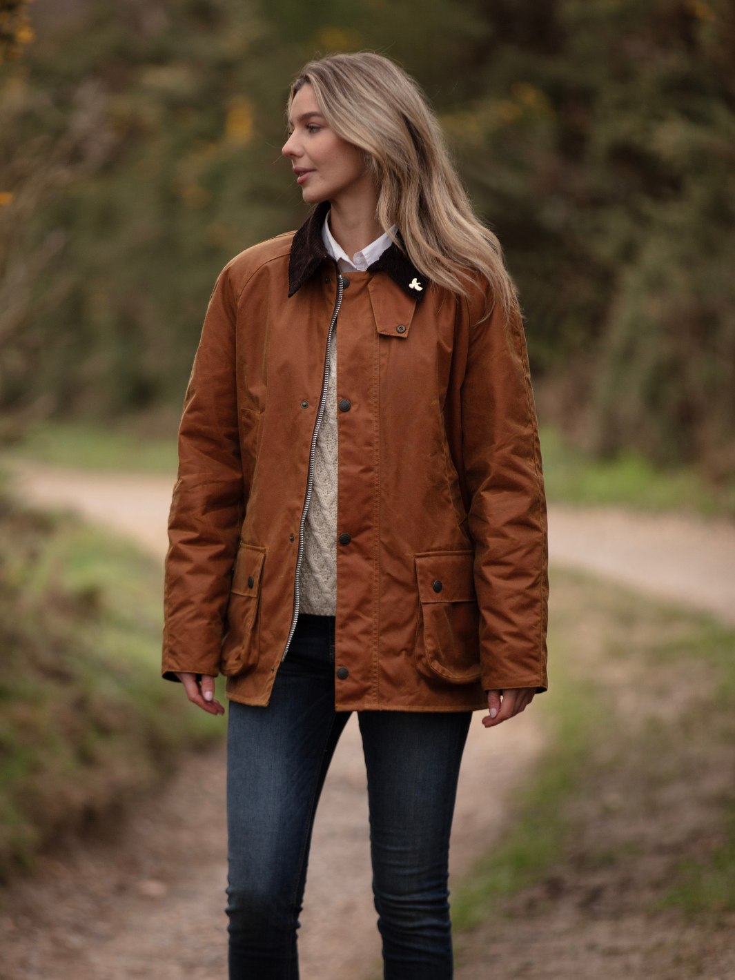 Landowner Bold Wax Walking Jacket - Burnt Sand | Women’s British waxed cotton country jacket with brown corduroy collar and heritage check lining