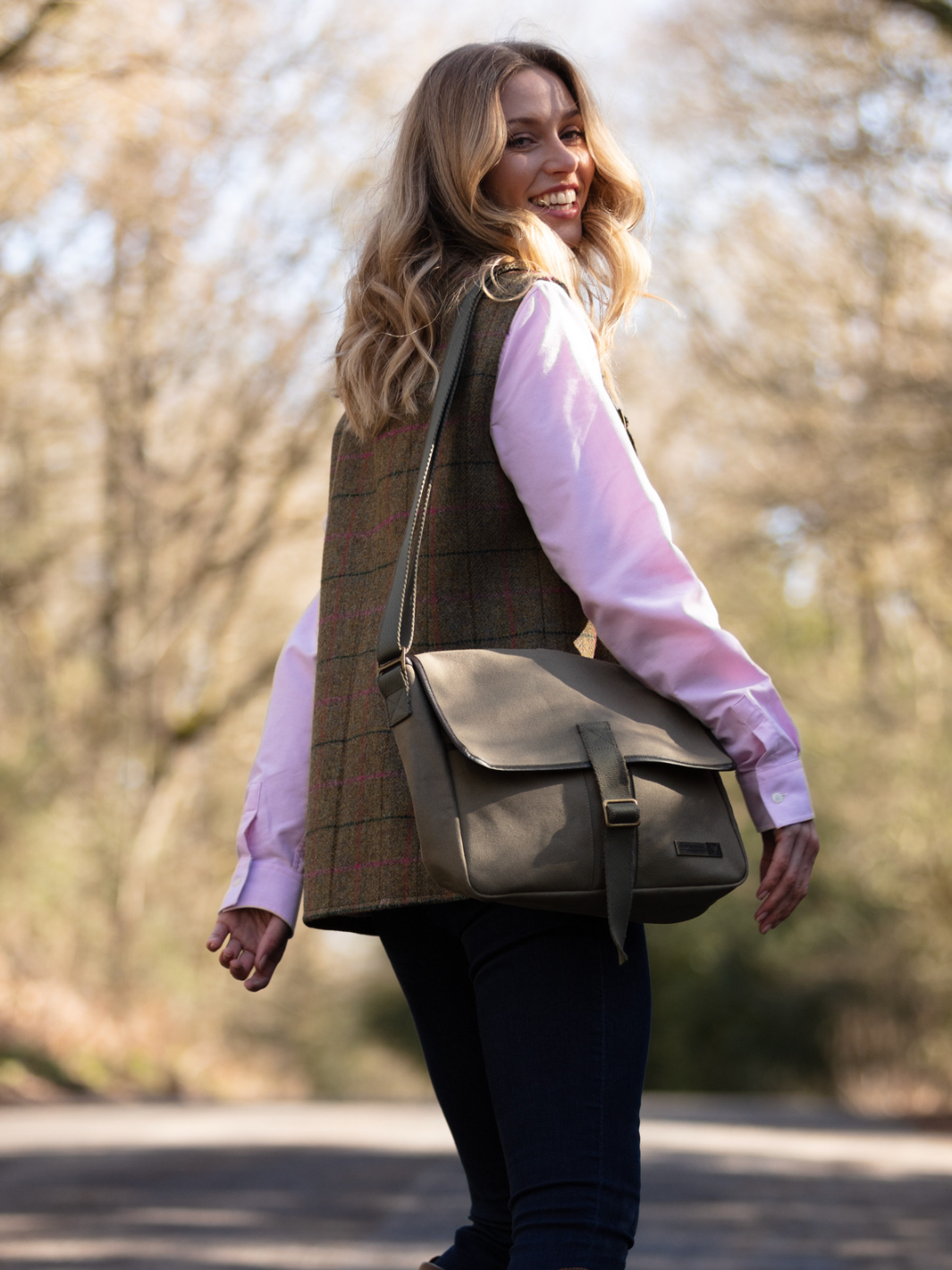 Khaki Green Cotton Canvas Cartridge Satchel Bag with Strap and Buckle