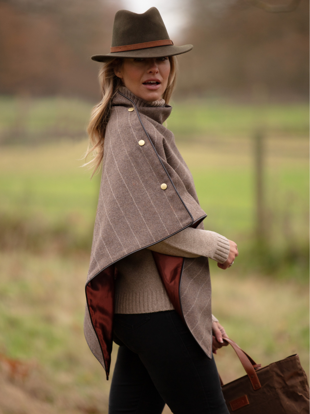 Made in England Tweed Shawl in Mouseback Grey 100% Wool with Subtle Stripe Detail and Rich Rust Satin Lining – Finished with Dark Brown Leather-Look Binding and Gold John Partridge Stud Fastenings – Classic British Wrap for Women