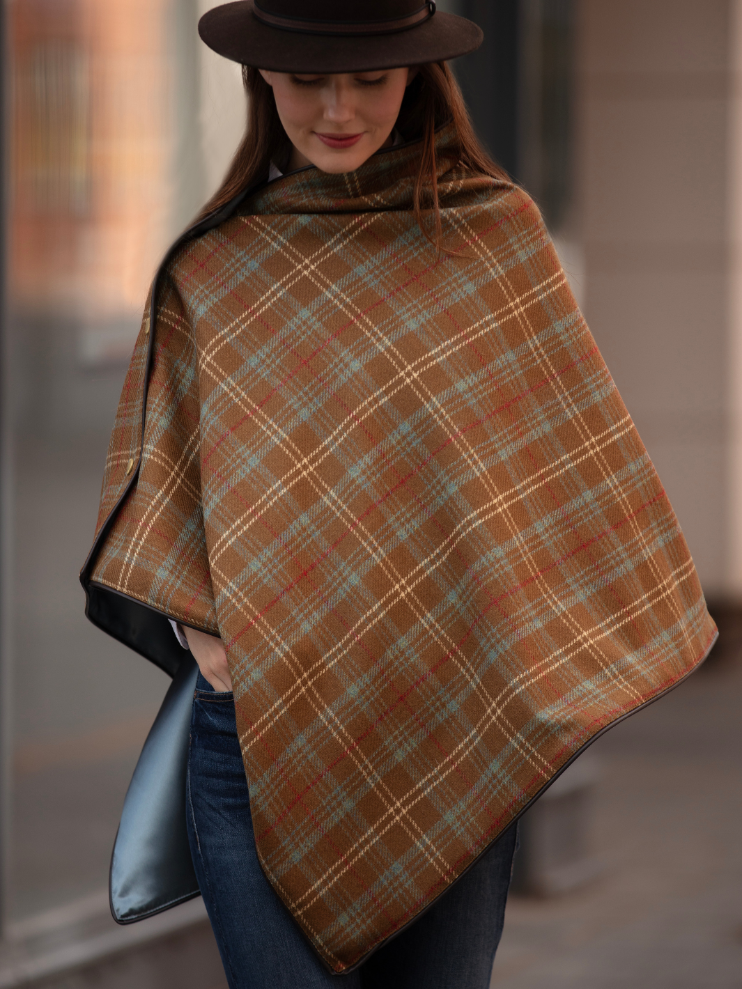 Brown, blue and cream tartan tweed shawl with black satin lining, gold studs, and faux leather trim, handcrafted in the UK by John Partridge