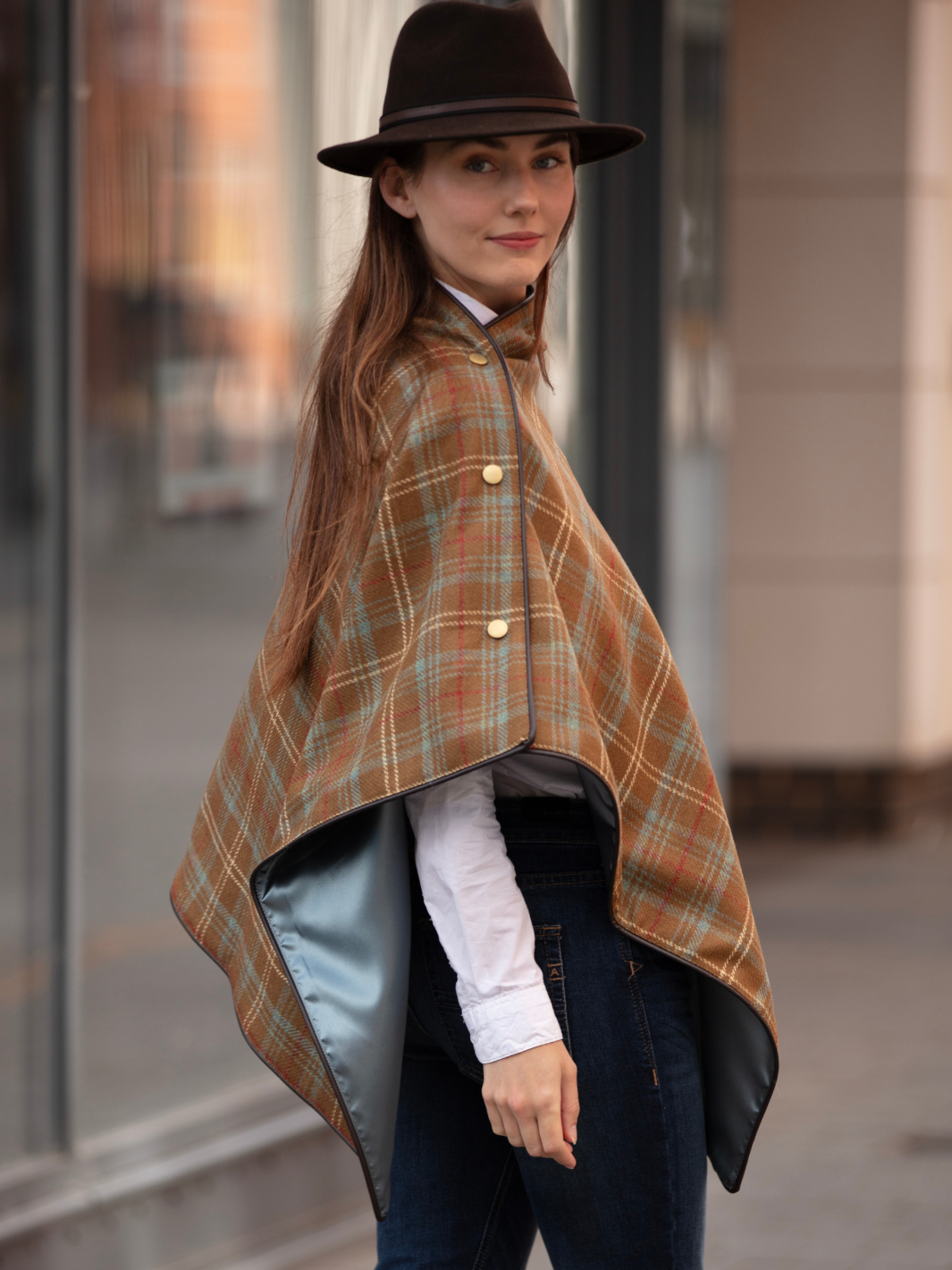 Brown, blue and cream tartan tweed shawl with black satin lining, gold studs, and faux leather trim, handcrafted in the UK by John Partridge