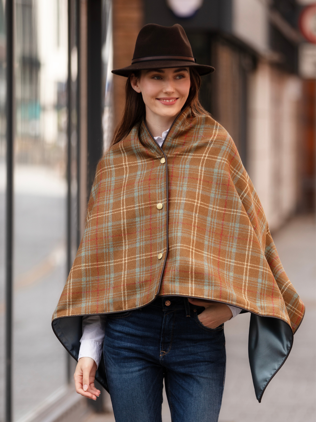 Brown, blue and cream tartan tweed shawl with black satin lining, gold studs, and faux leather trim, handcrafted in the UK by John Partridge